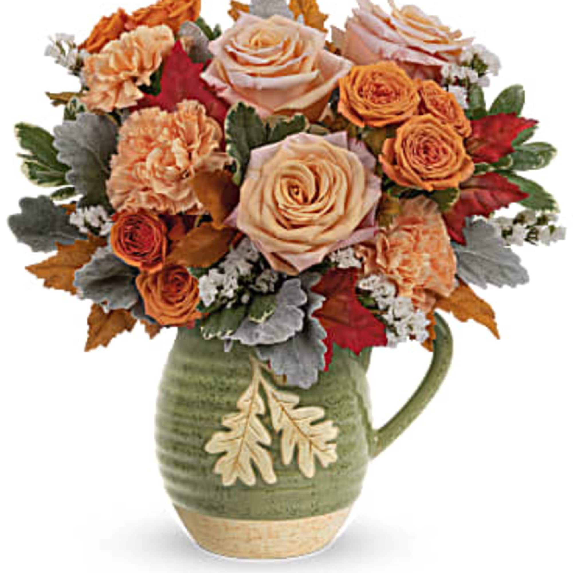 Rosy Autumn Bouquet is presented in a food- safe, glazed stoneware pitcher