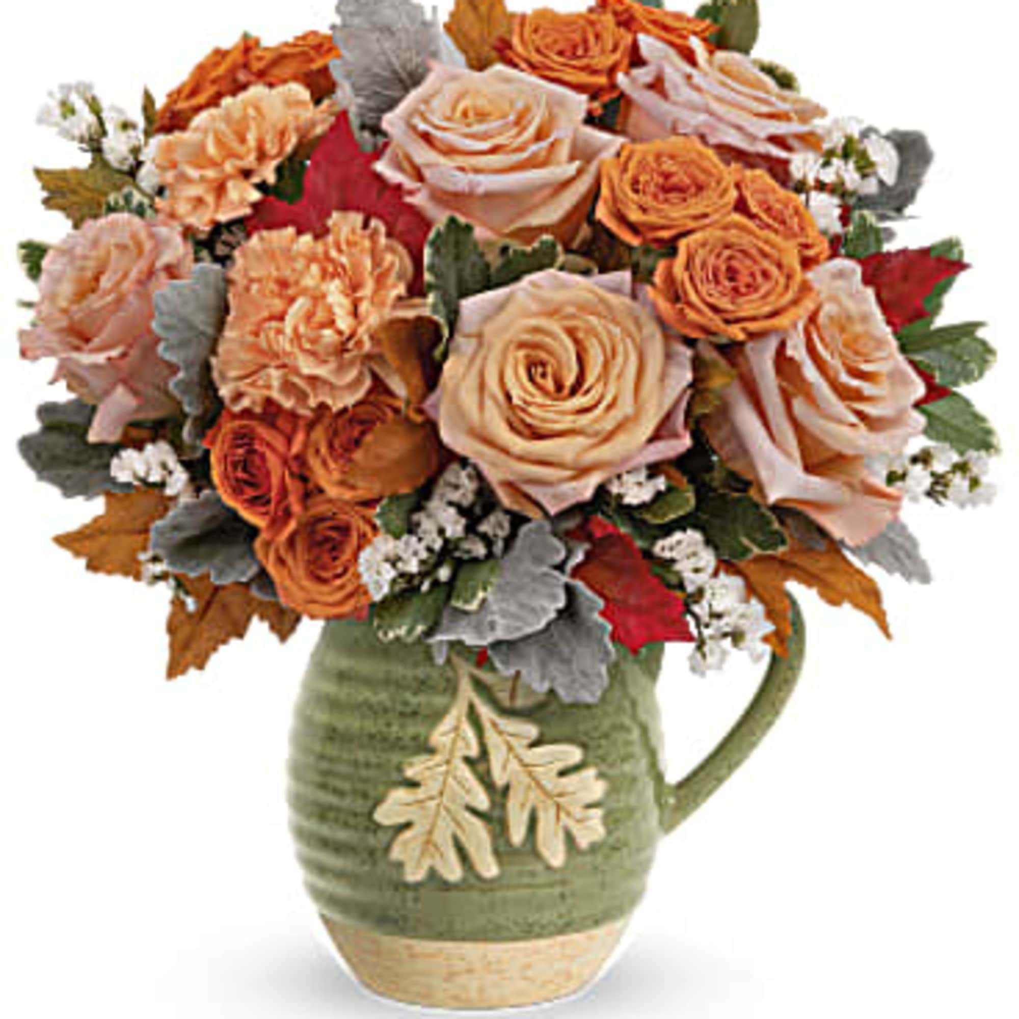 Rosy Autumn Bouquet is presented in a food- safe, glazed stoneware pitcher