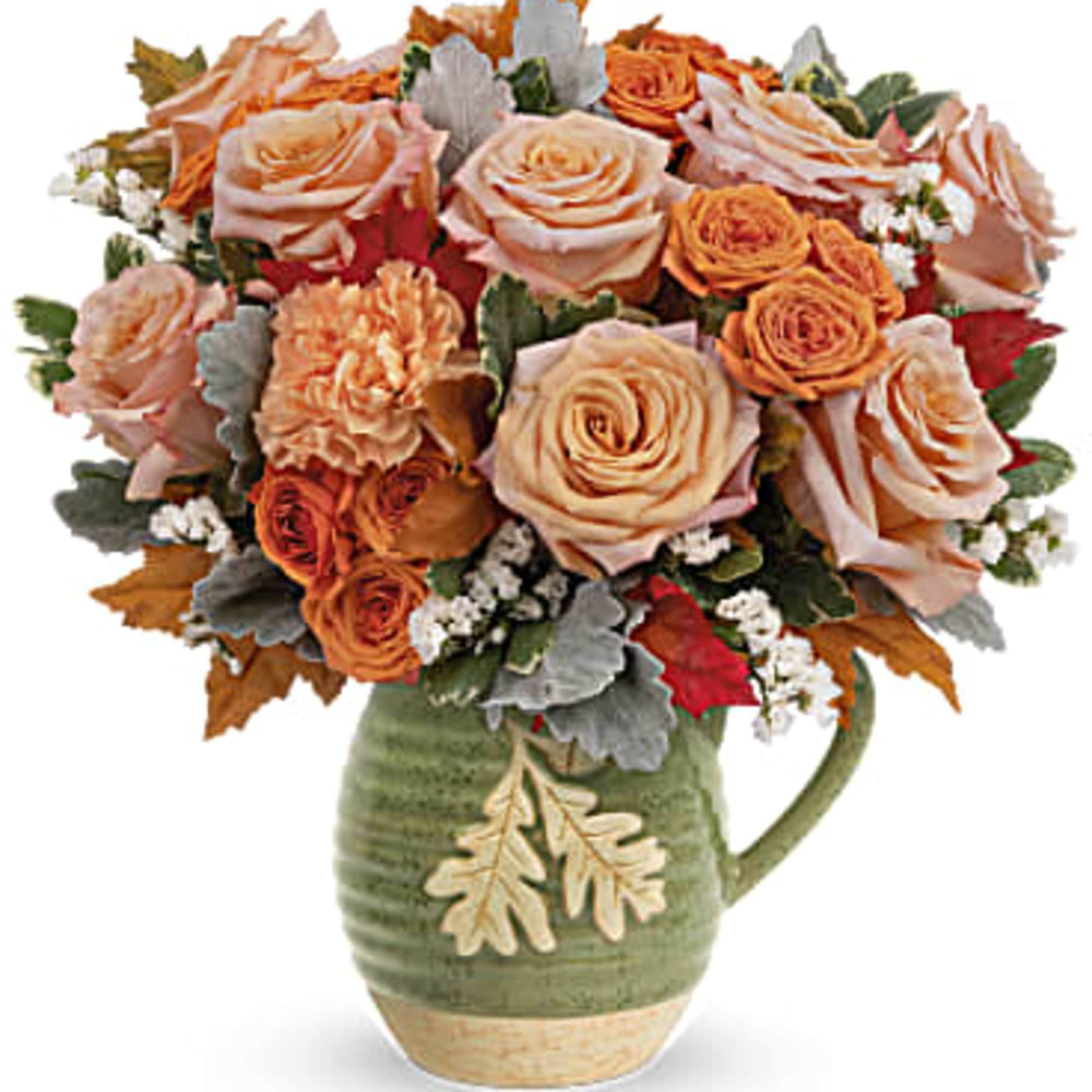 Rosy Autumn Bouquet is presented in a food- safe, glazed stoneware pitcher