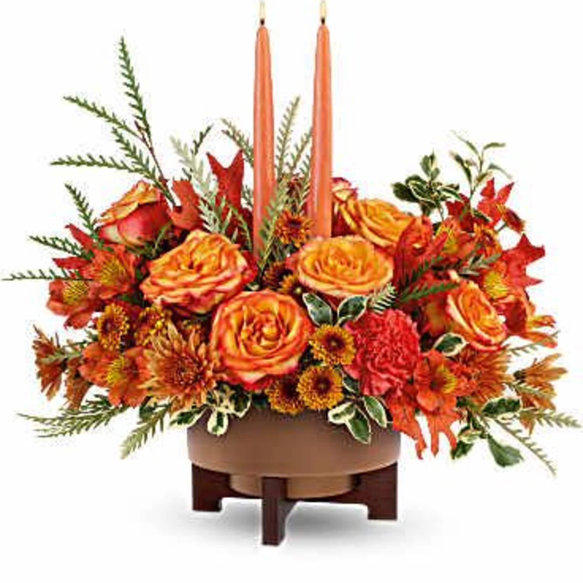 Warm hearts and tables with a Fall Harvest Centerpiece. Featuring two elegant