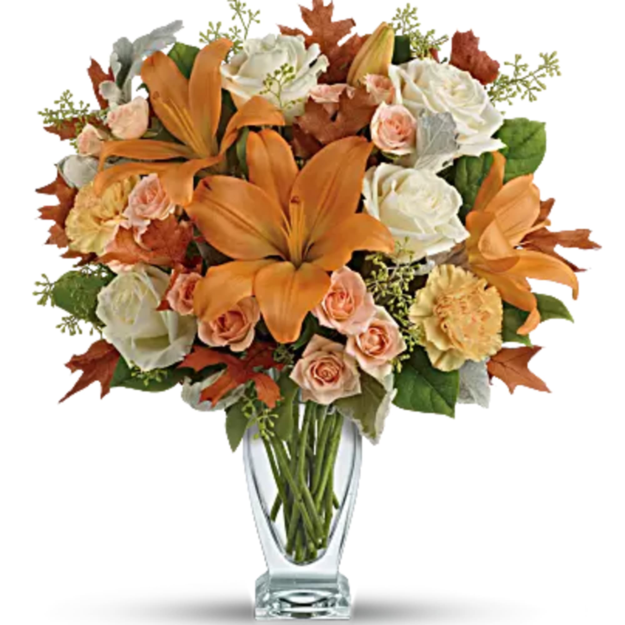 Capture the natural beauty of autumn with this stunning arrangement of lilies