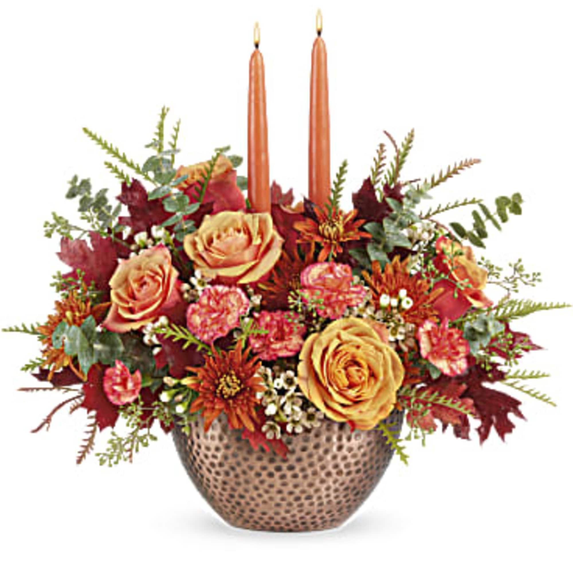 Joyfully welcome the harvest season with this magnificent centerpiece of fall blooms