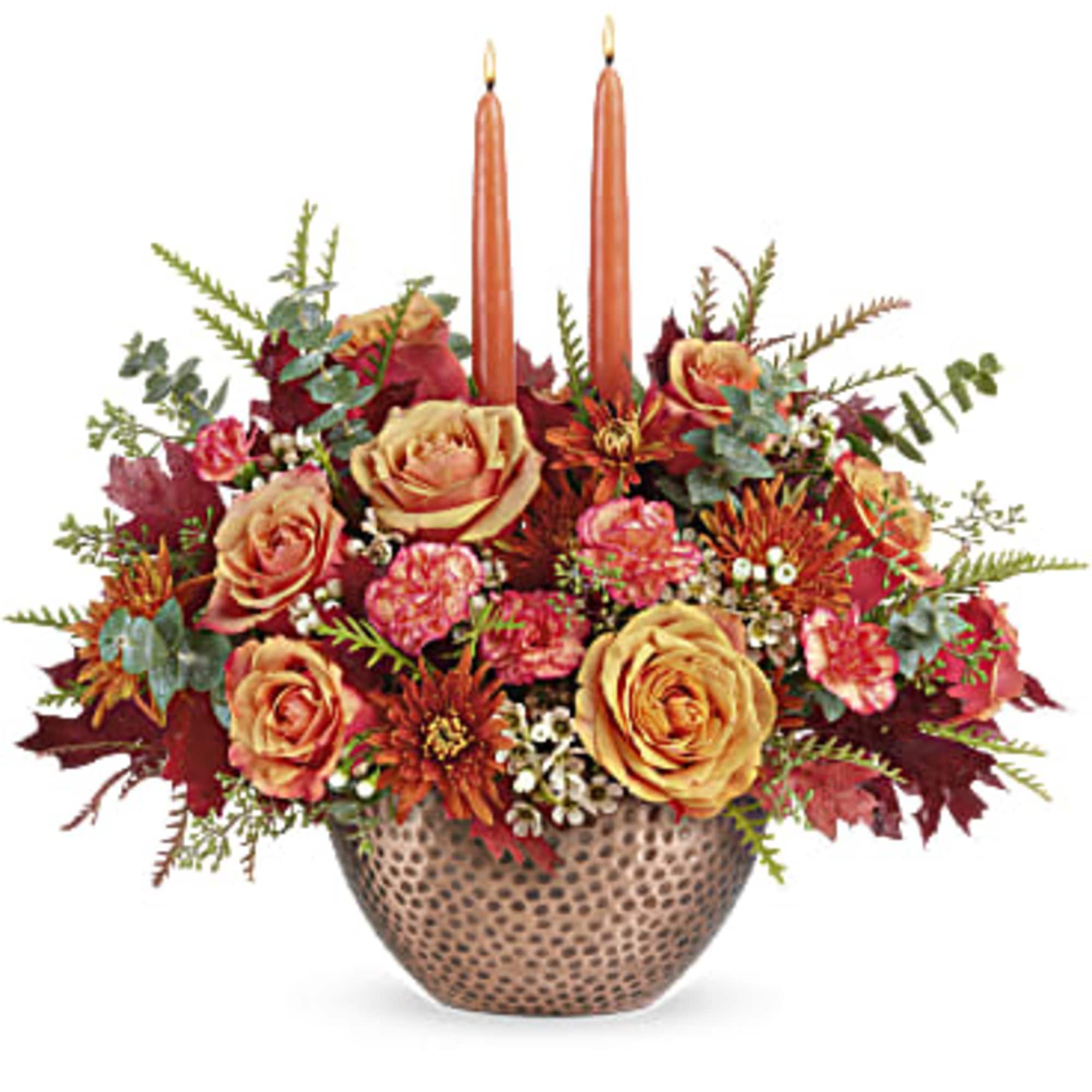 Joyfully welcome the harvest season with this magnificent centerpiece of fall blooms