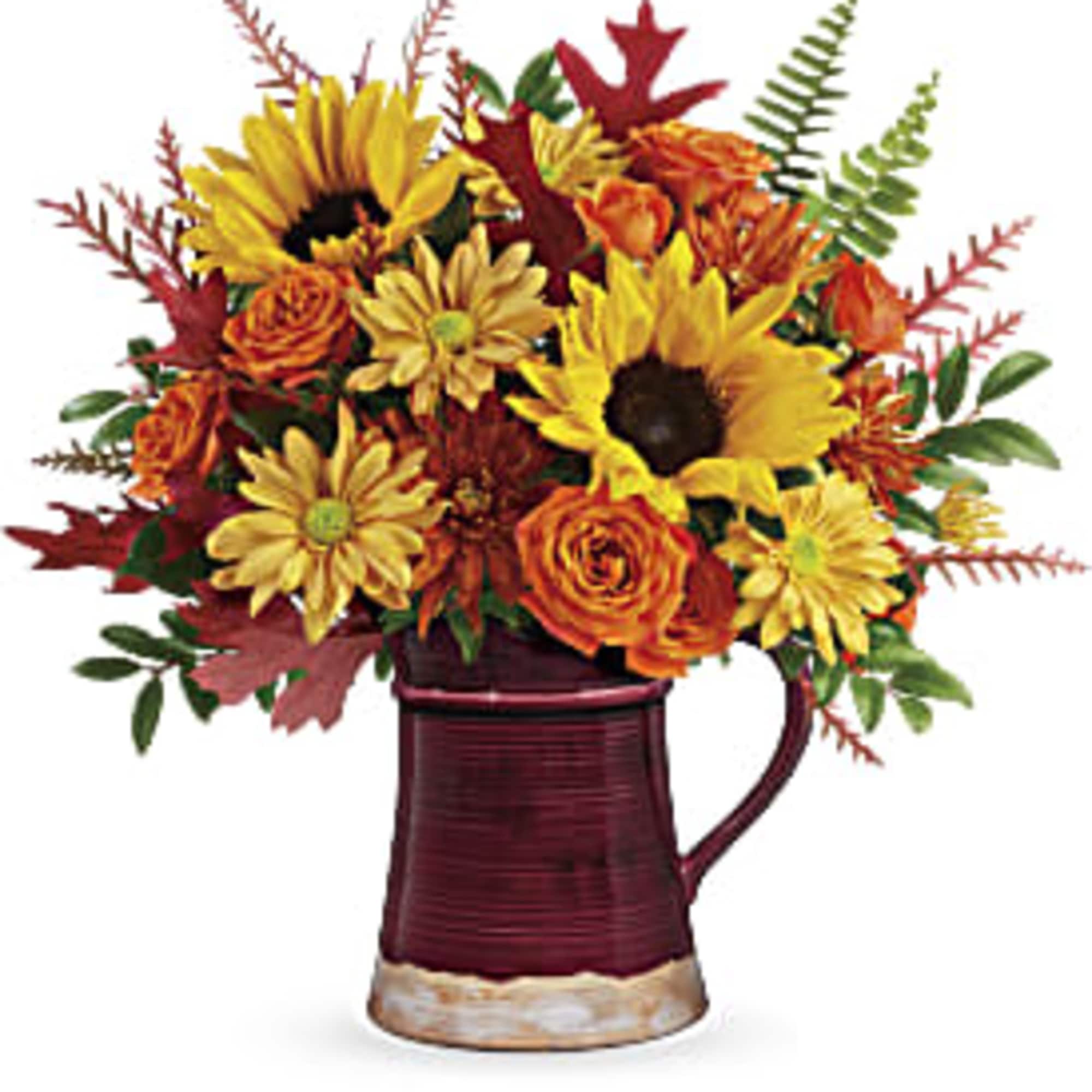 This bright bouquet of seasonal sunflowers and roses is a joyful celebration
