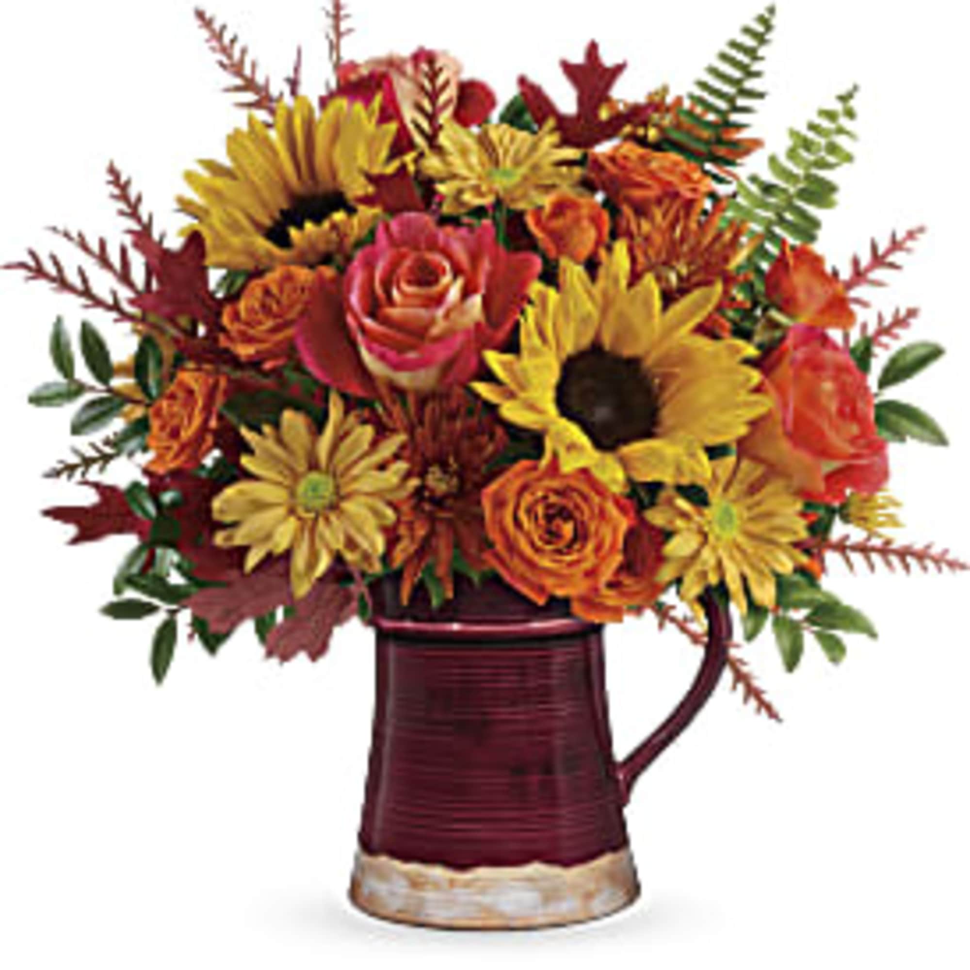 This bright bouquet of seasonal sunflowers and roses is a joyful celebration, photo 2 of 3