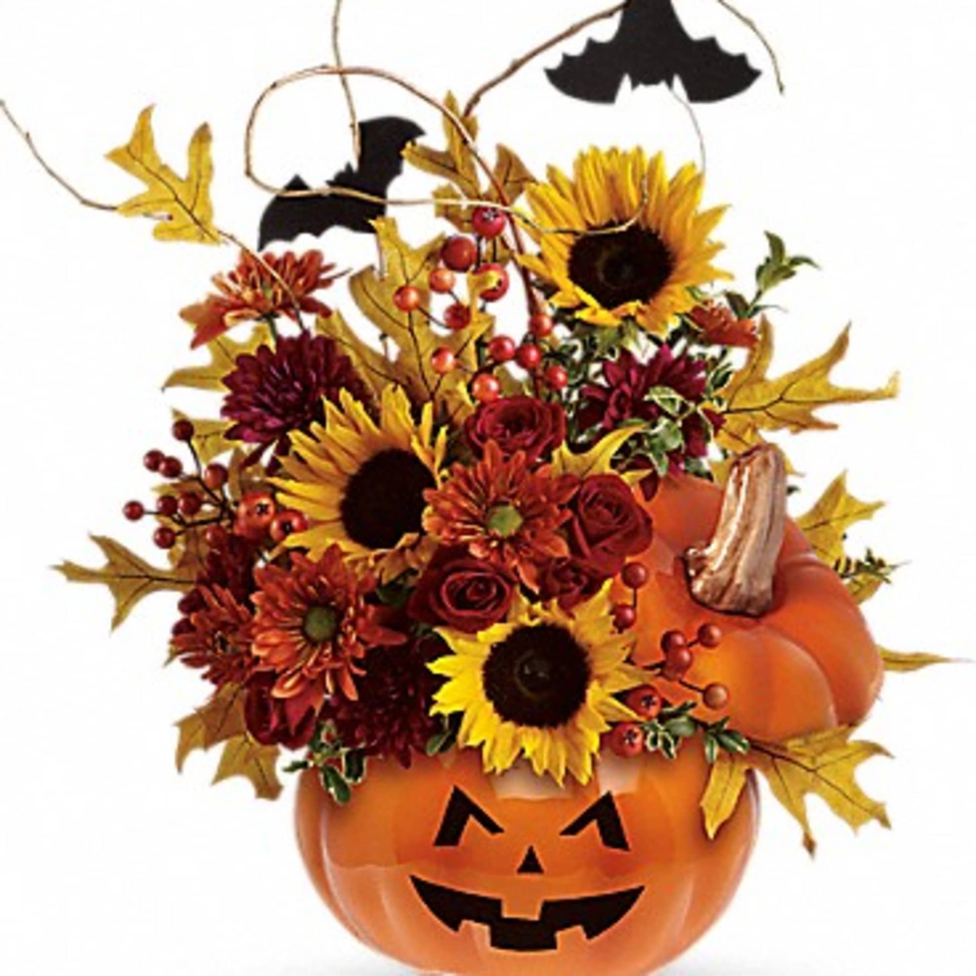 This is one impressive boo-quet! Red spray roses and bright yellow sunflowers