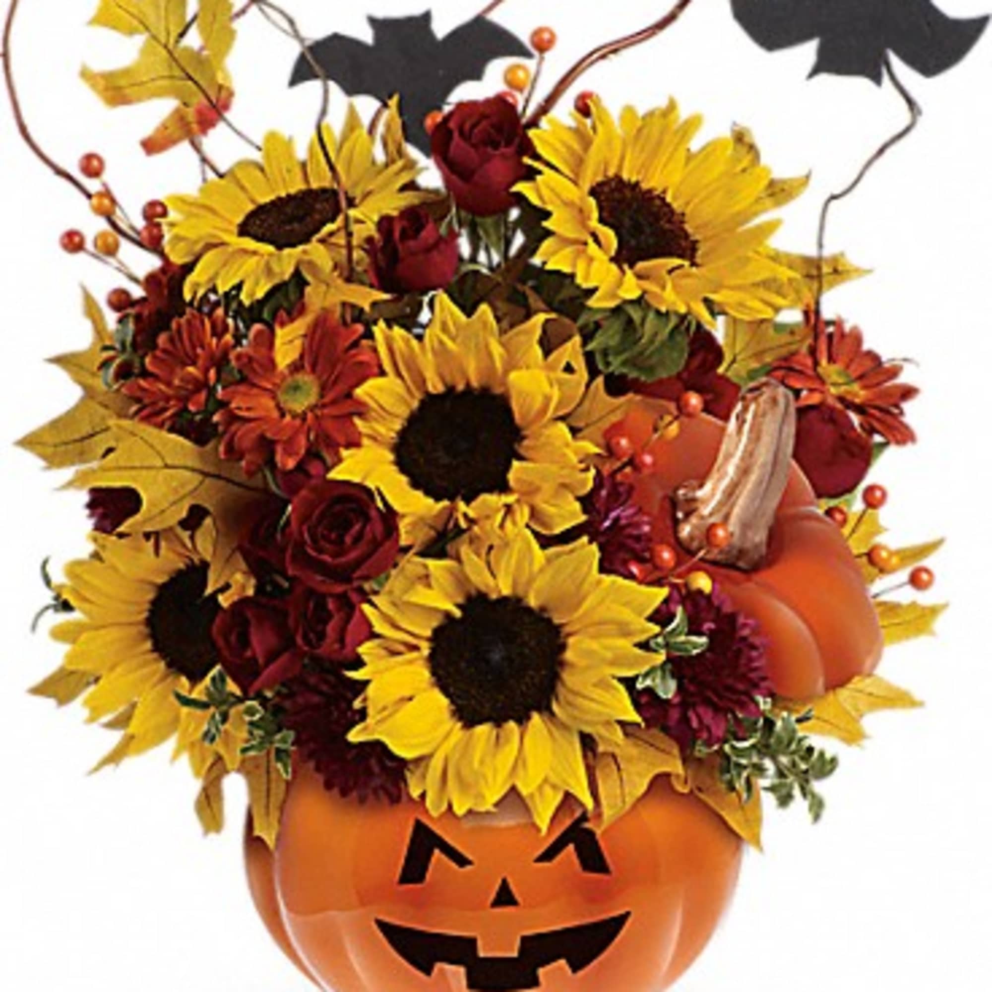 This is one impressive boo-quet! Red spray roses and bright yellow sunflowers, photo 2 of 3