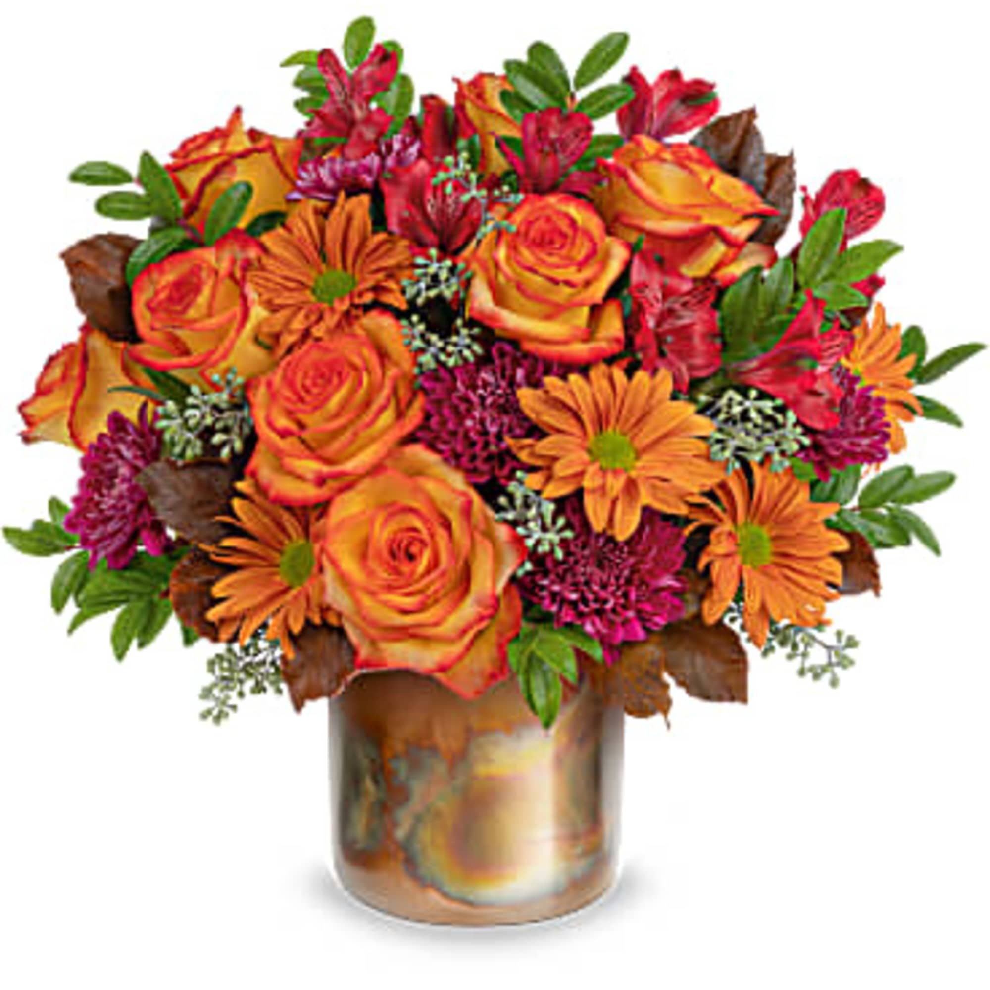 Make fall shimmer with this glorious autumnal rose bouquet, arranged in a