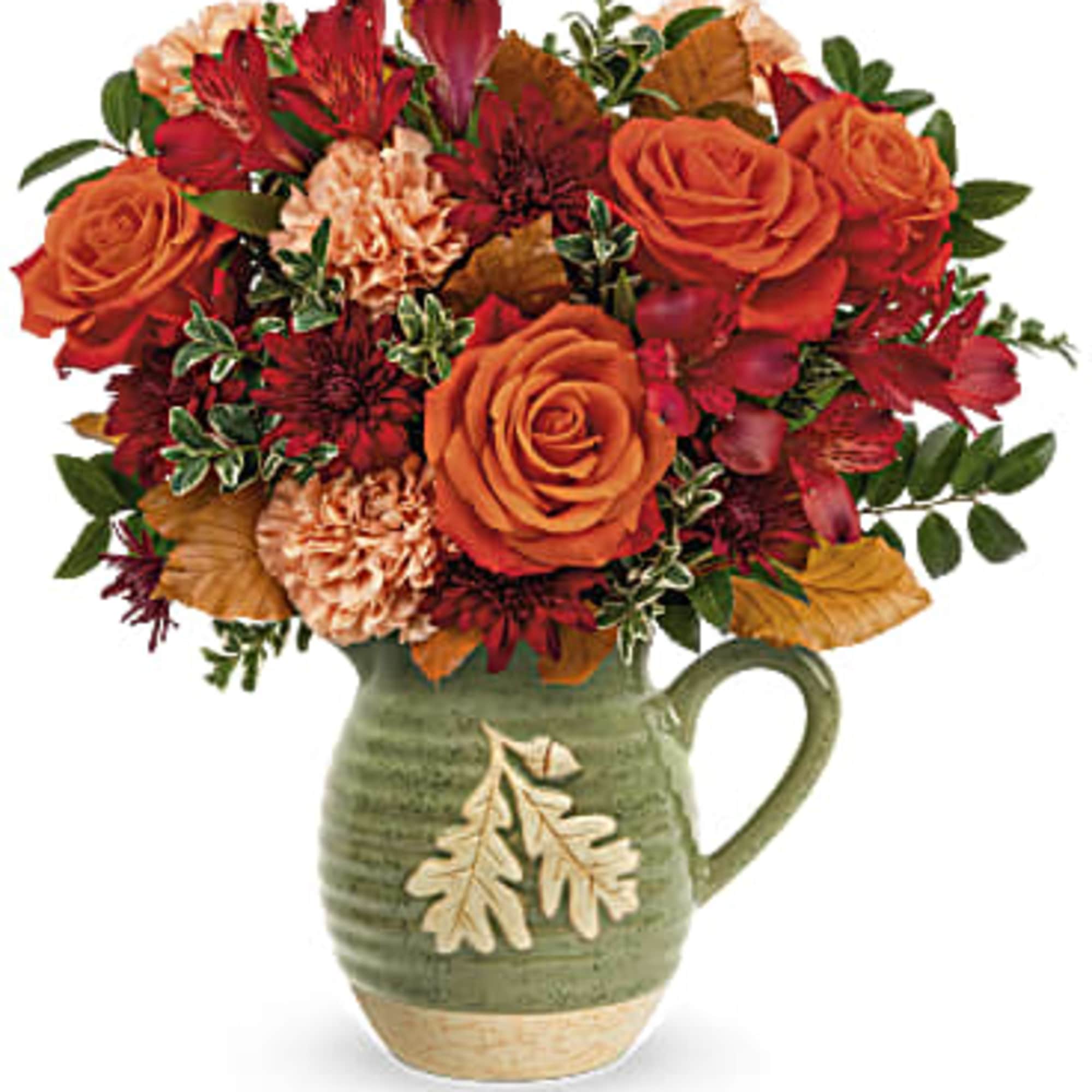 Charming Acorn Bouquet embraces autumn. This charming glazed stoneware pitcher is bursting
