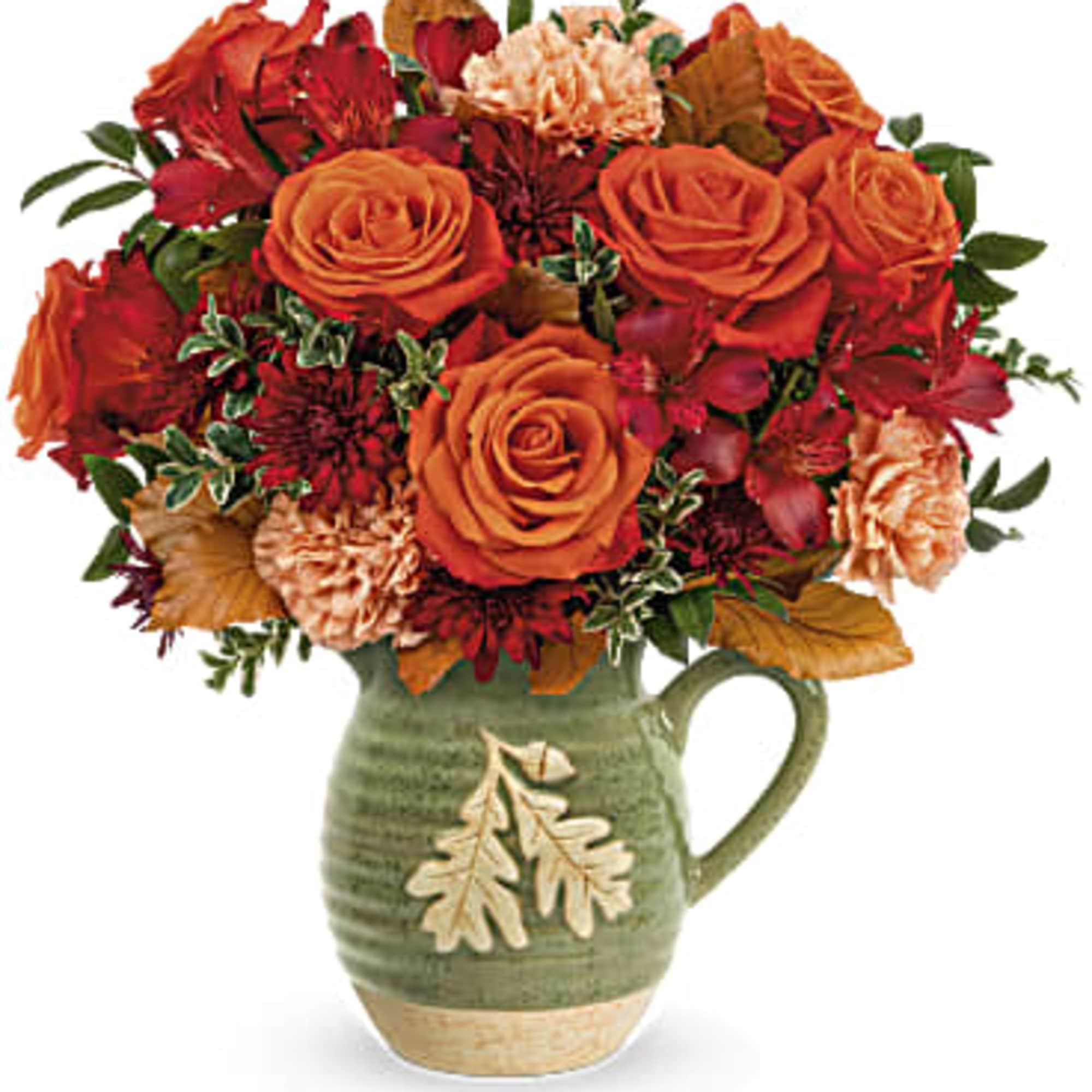 Charming Acorn Bouquet embraces autumn. This charming glazed stoneware pitcher is bursting