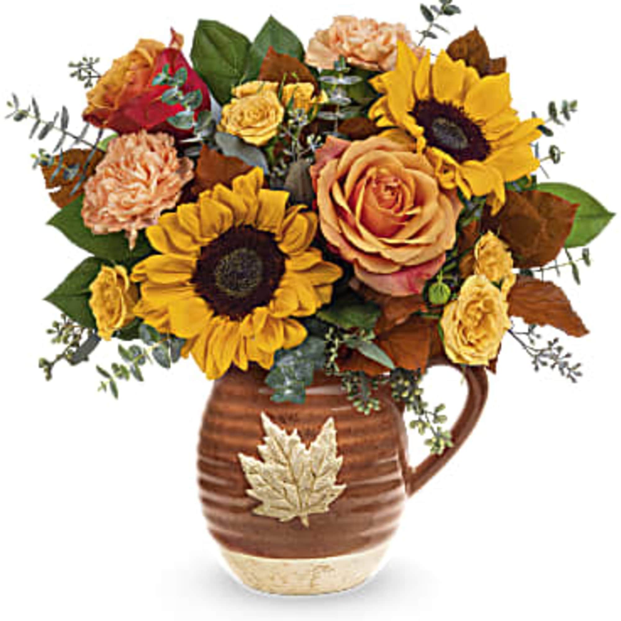 Warm as the autumnal sun, this joyful sunflower bouquet is perfectly presented