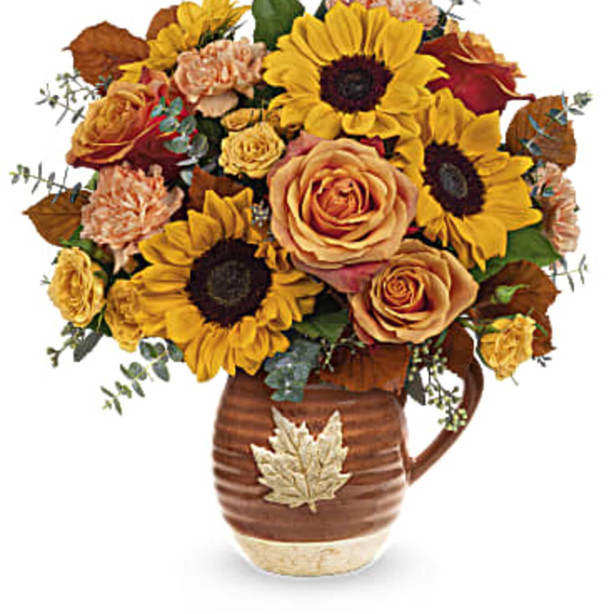 Warm as the autumnal sun, this joyful sunflower bouquet is perfectly presented
