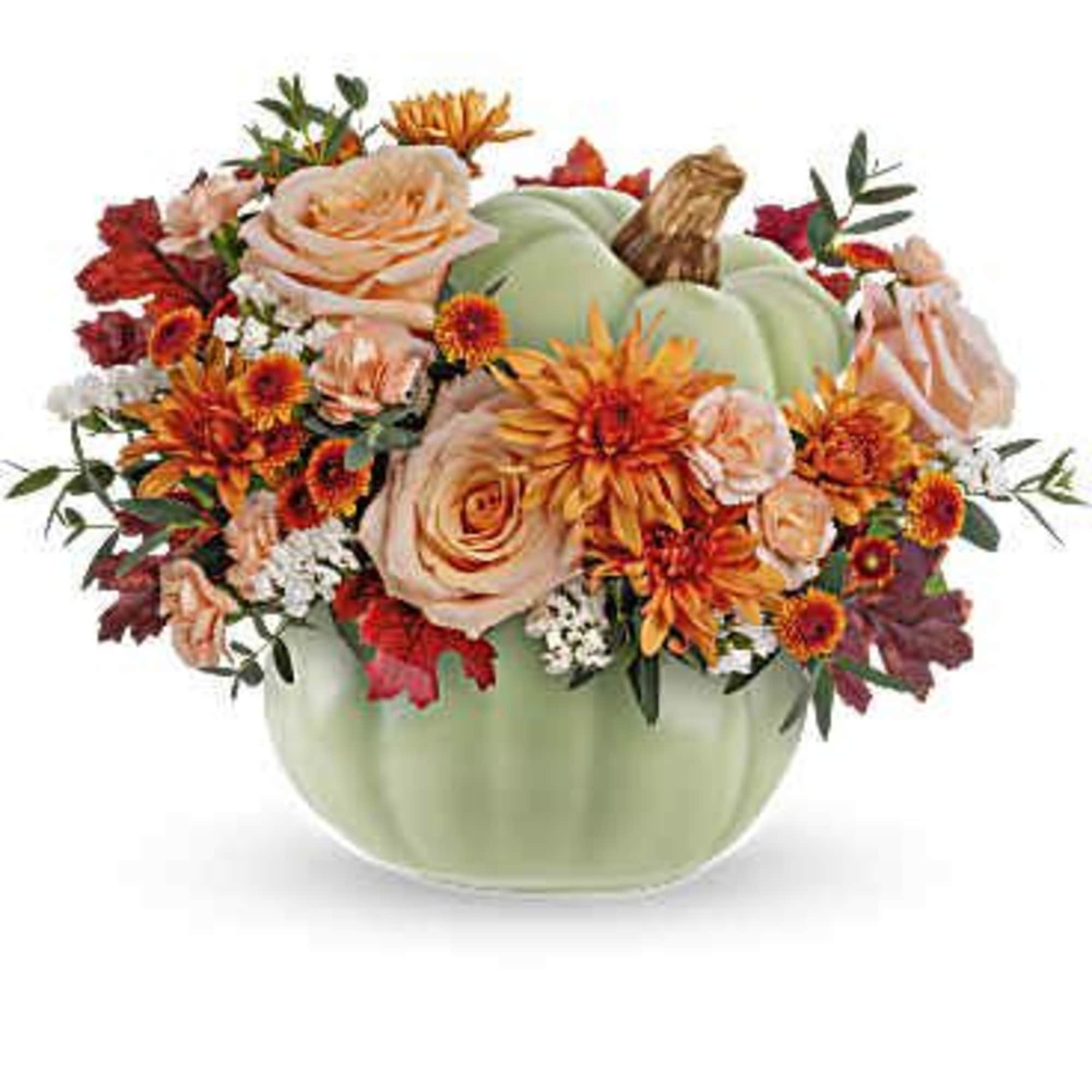 Brighten your fall gatherings with Teleflora's Harvest Magic Bouquet, featuring autumnal peach