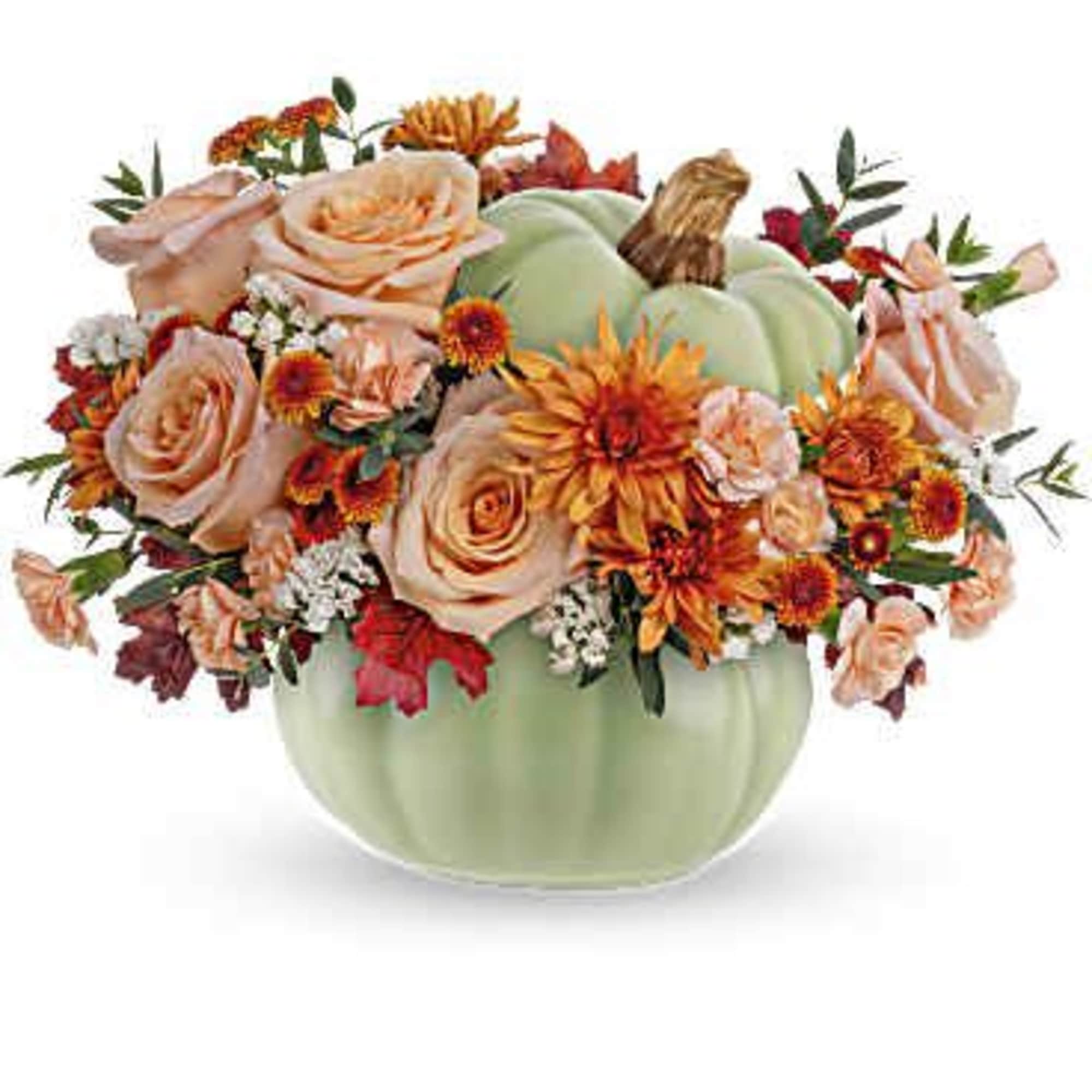 Brighten your fall gatherings with Teleflora's Harvest Magic Bouquet, featuring autumnal peach