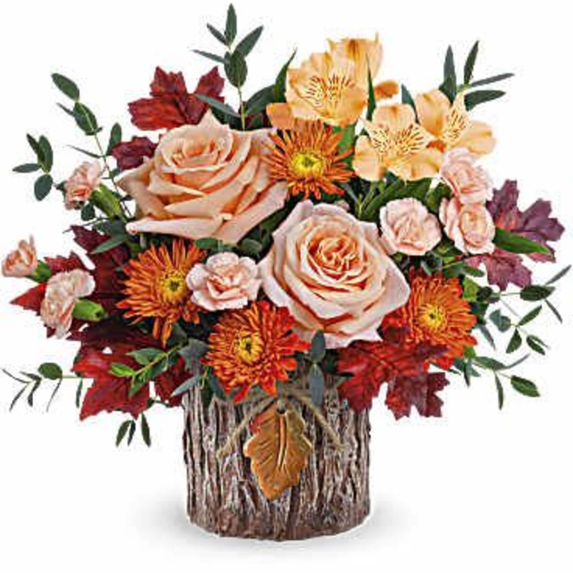 With its unique tree bark-inspired design, this magnificent vase featuring an autumnal