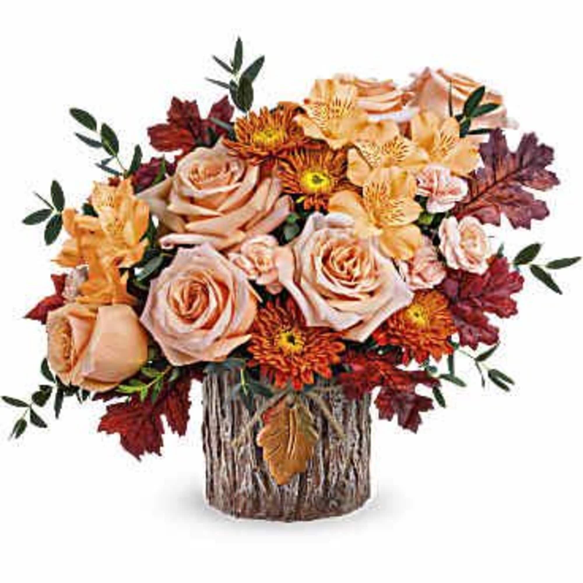 With its unique tree bark-inspired design, this magnificent vase featuring an autumnal