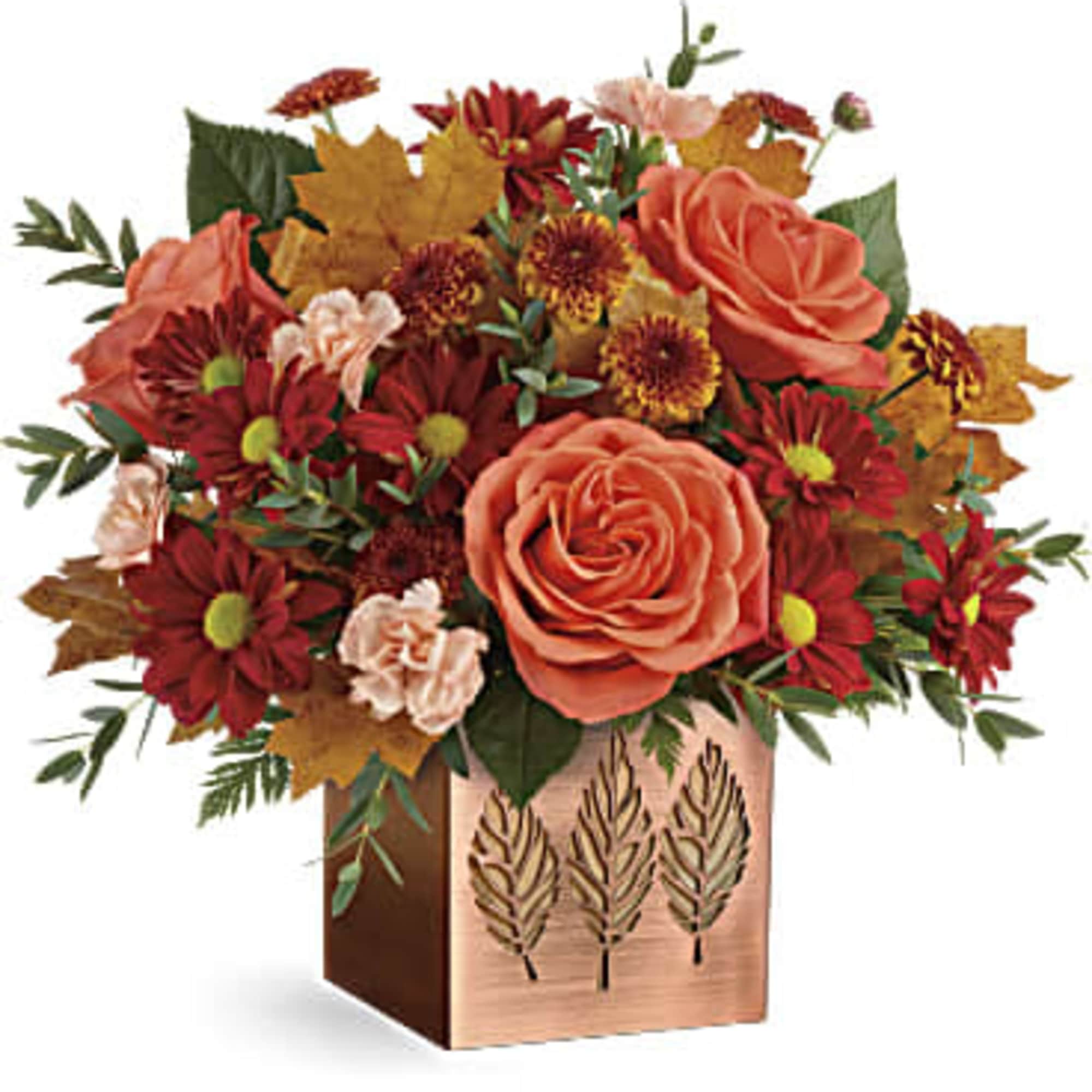 Capture the magic of fall with this seasonal rose bouquet, presented in