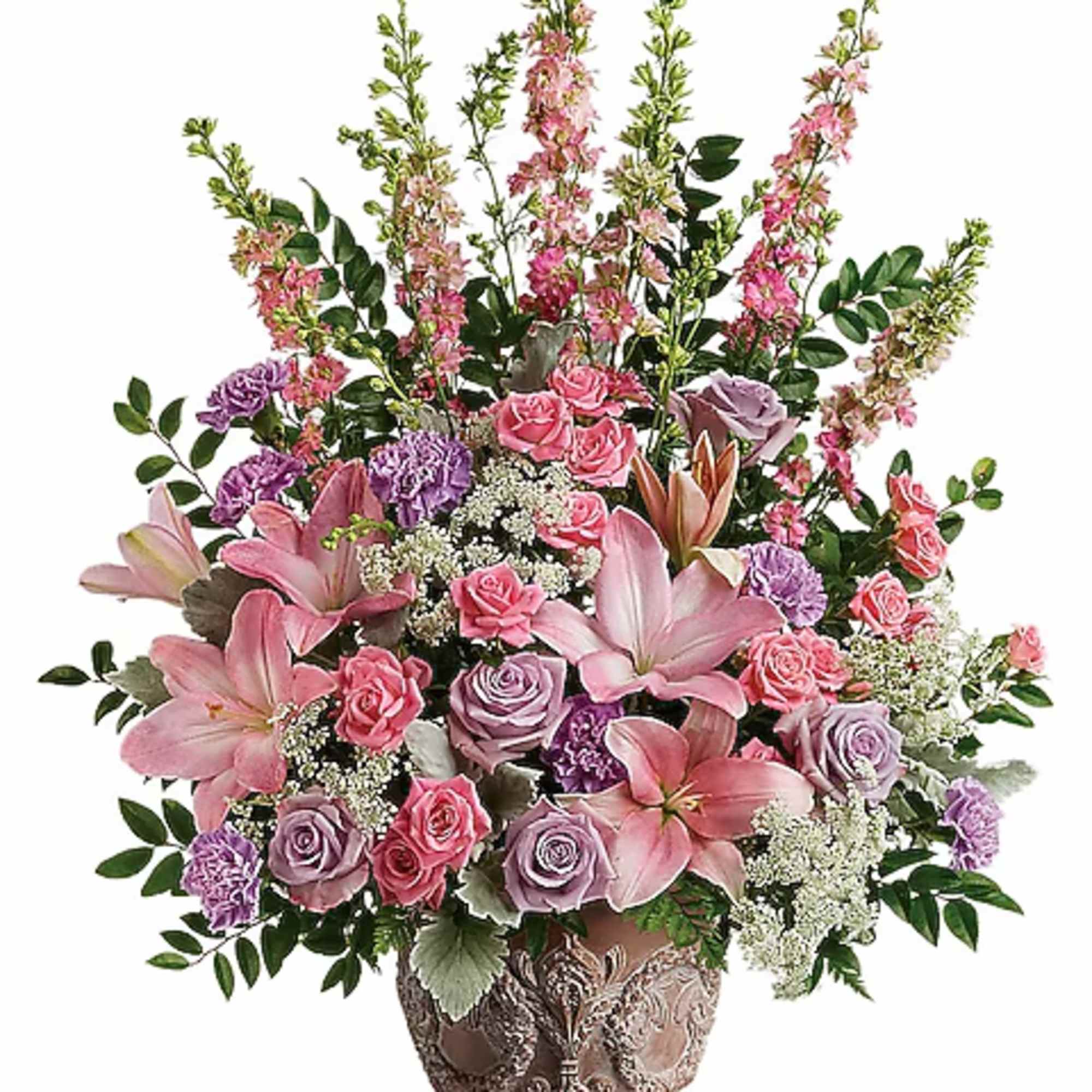 A touching tribute to a beloved woman, this beautiful, soft pink and
