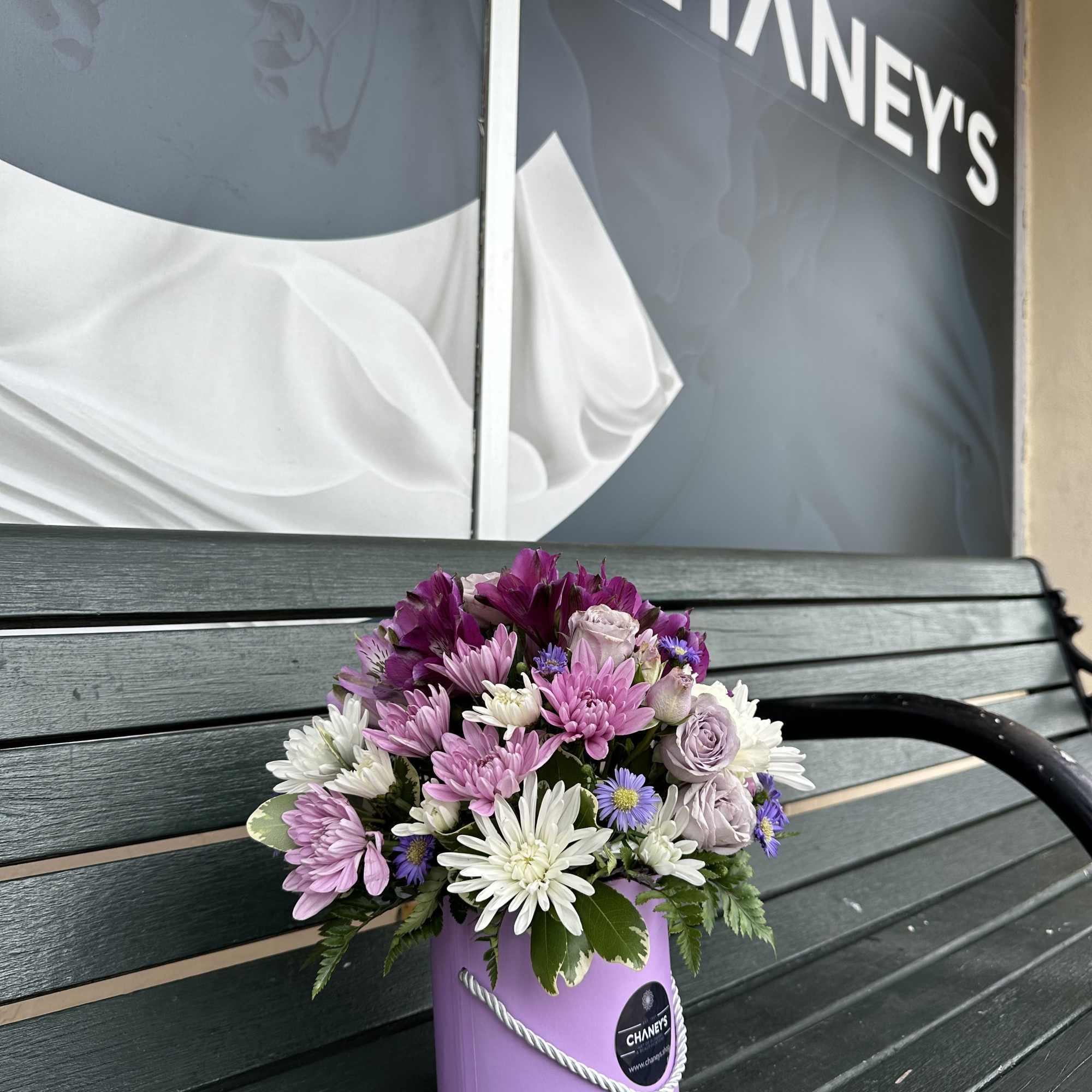 Lavender and white mixed bouquet in a purple container on a bench