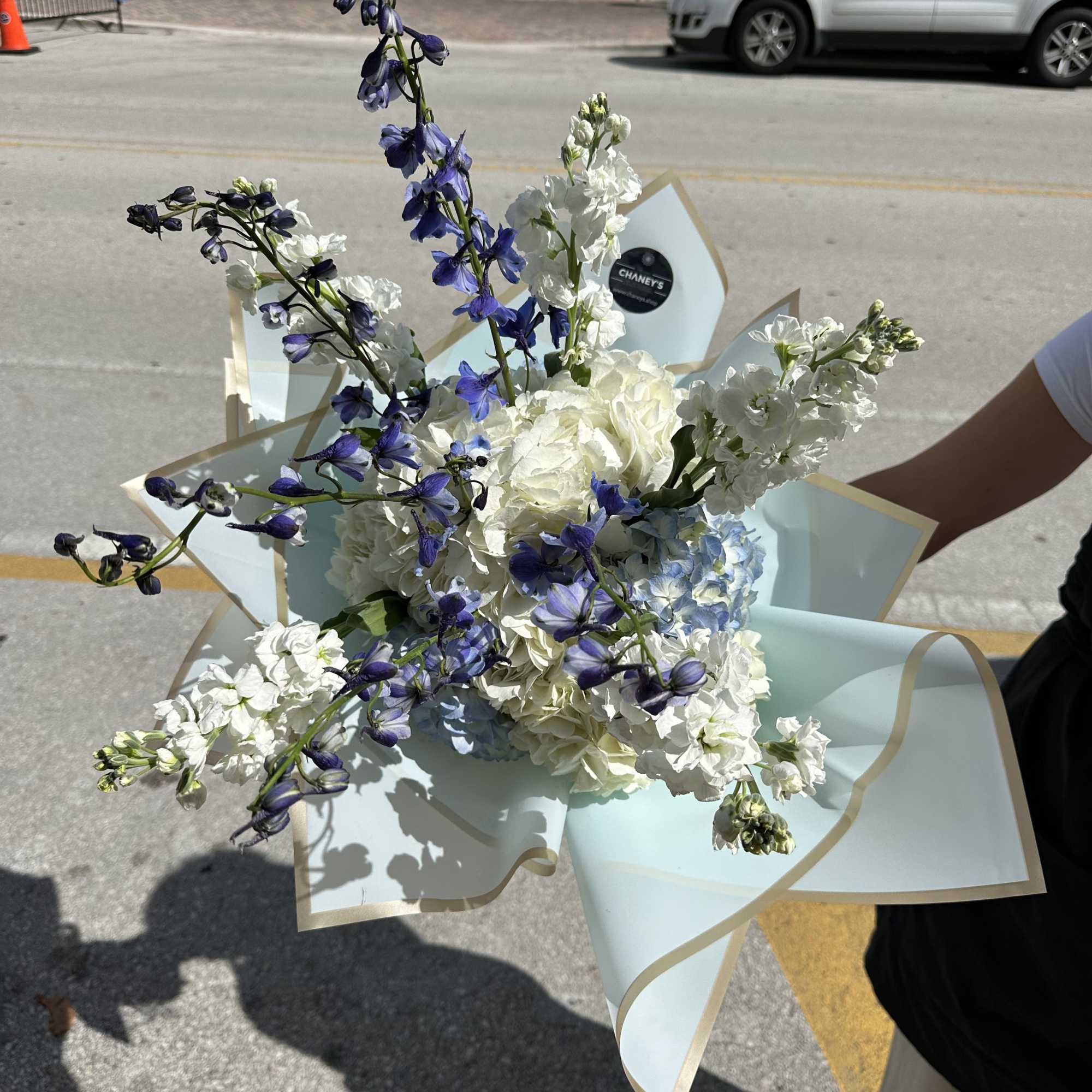 Hand-tied bouquet of white and blue flowers wrapped in pale blue paper