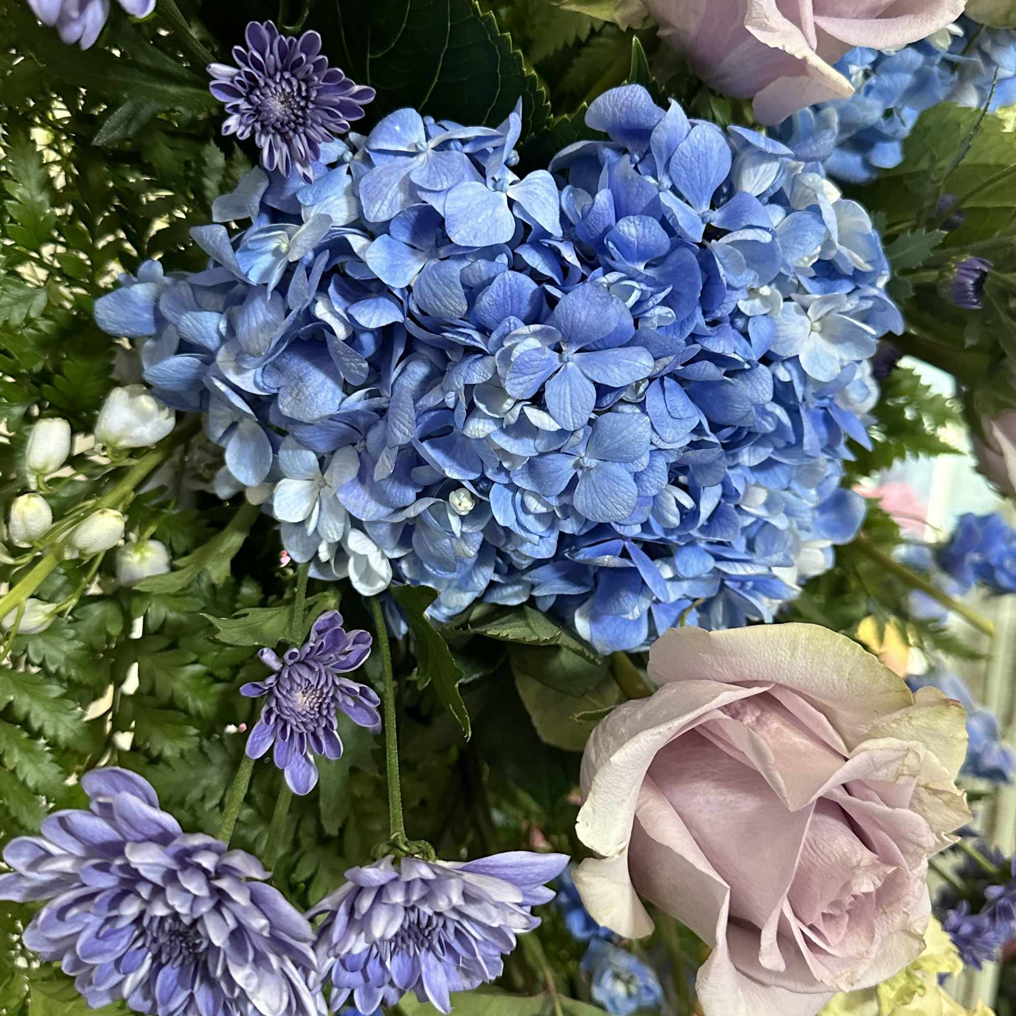 Blue hydrangea bouquet with pale pink roses and purple daisies