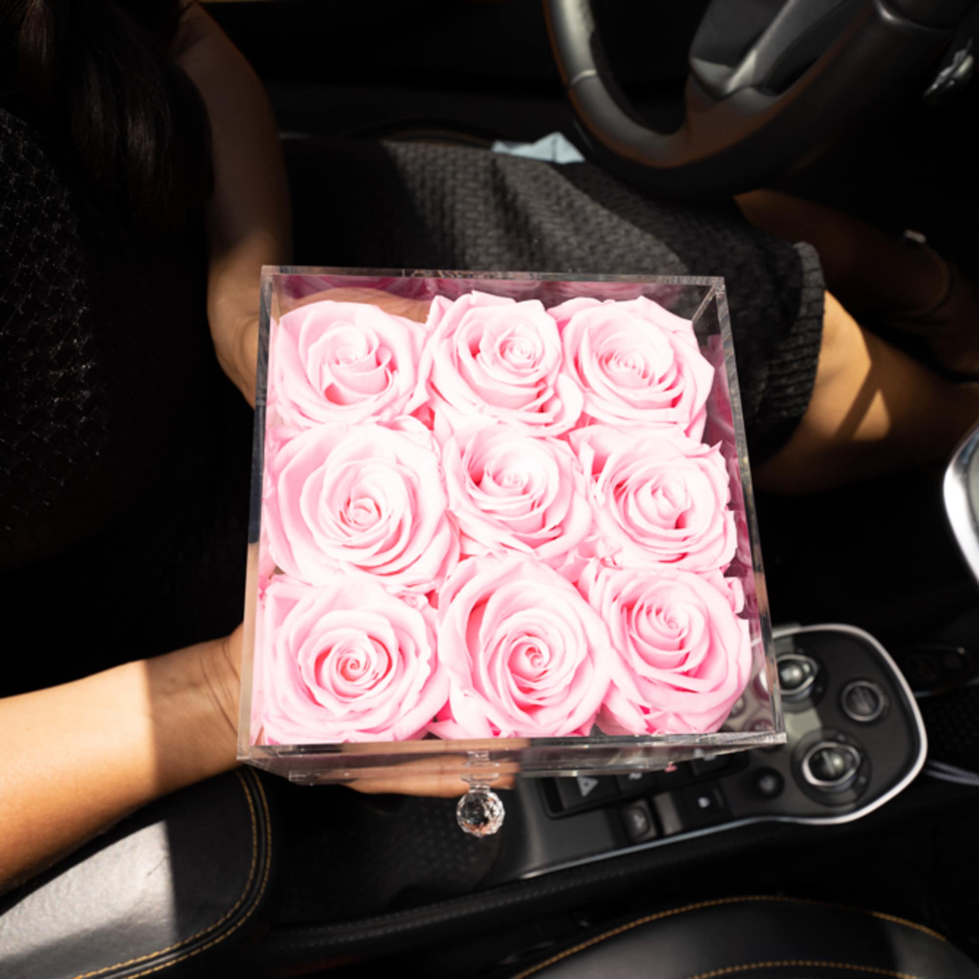 Box of pale pink roses held inside a car