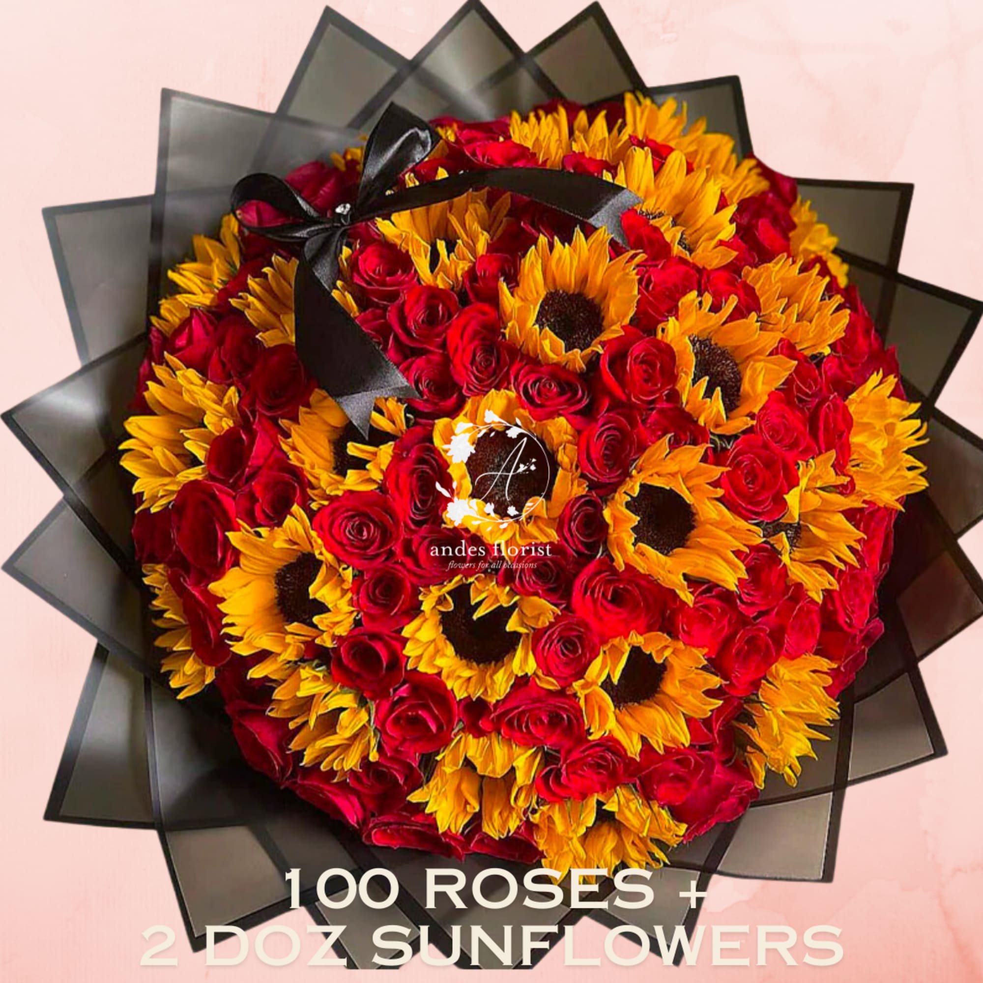 Bouquet of red roses and yellow sunflowers wrapped in black paper