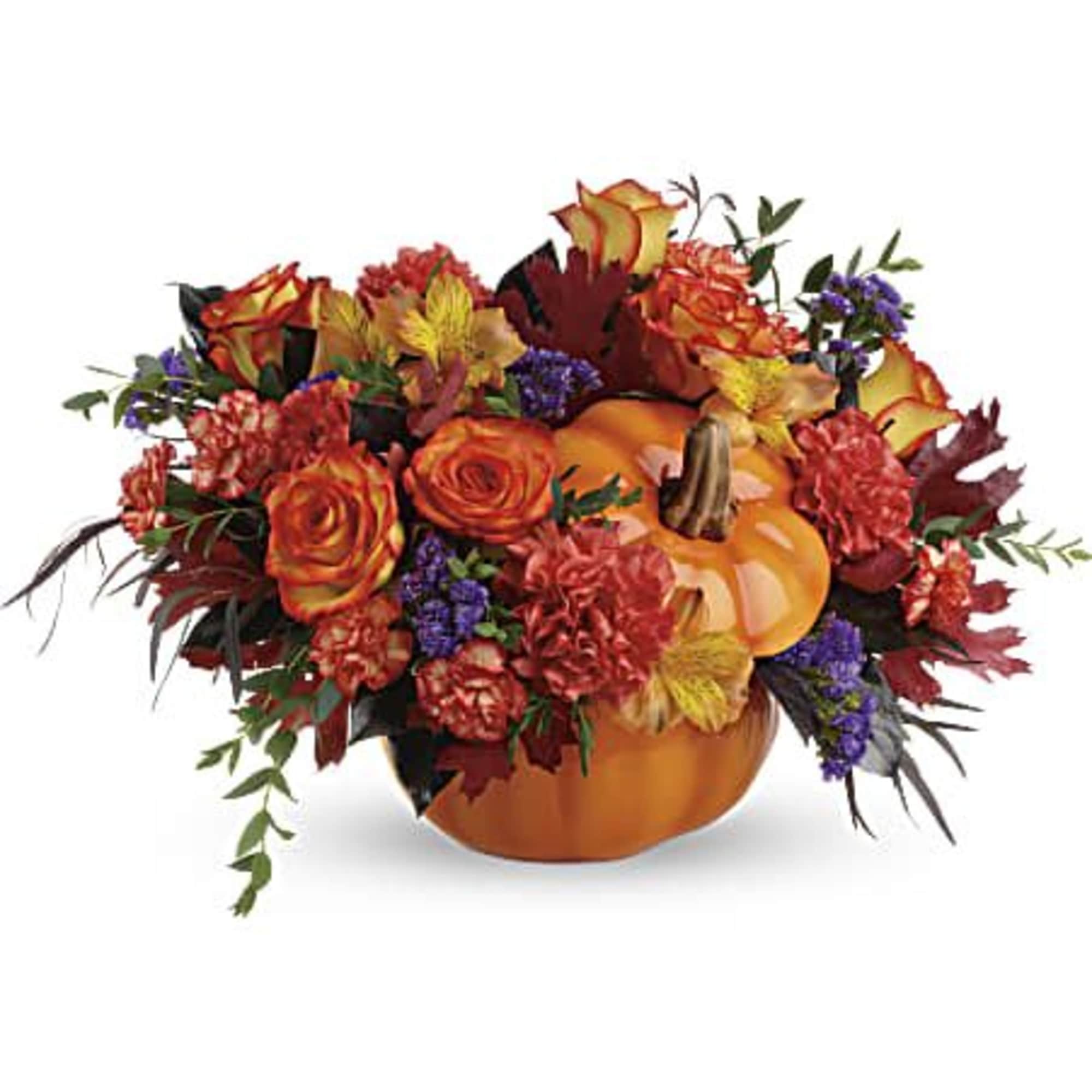 Pumpkin-shaped floral arrangement with orange roses and autumn blooms