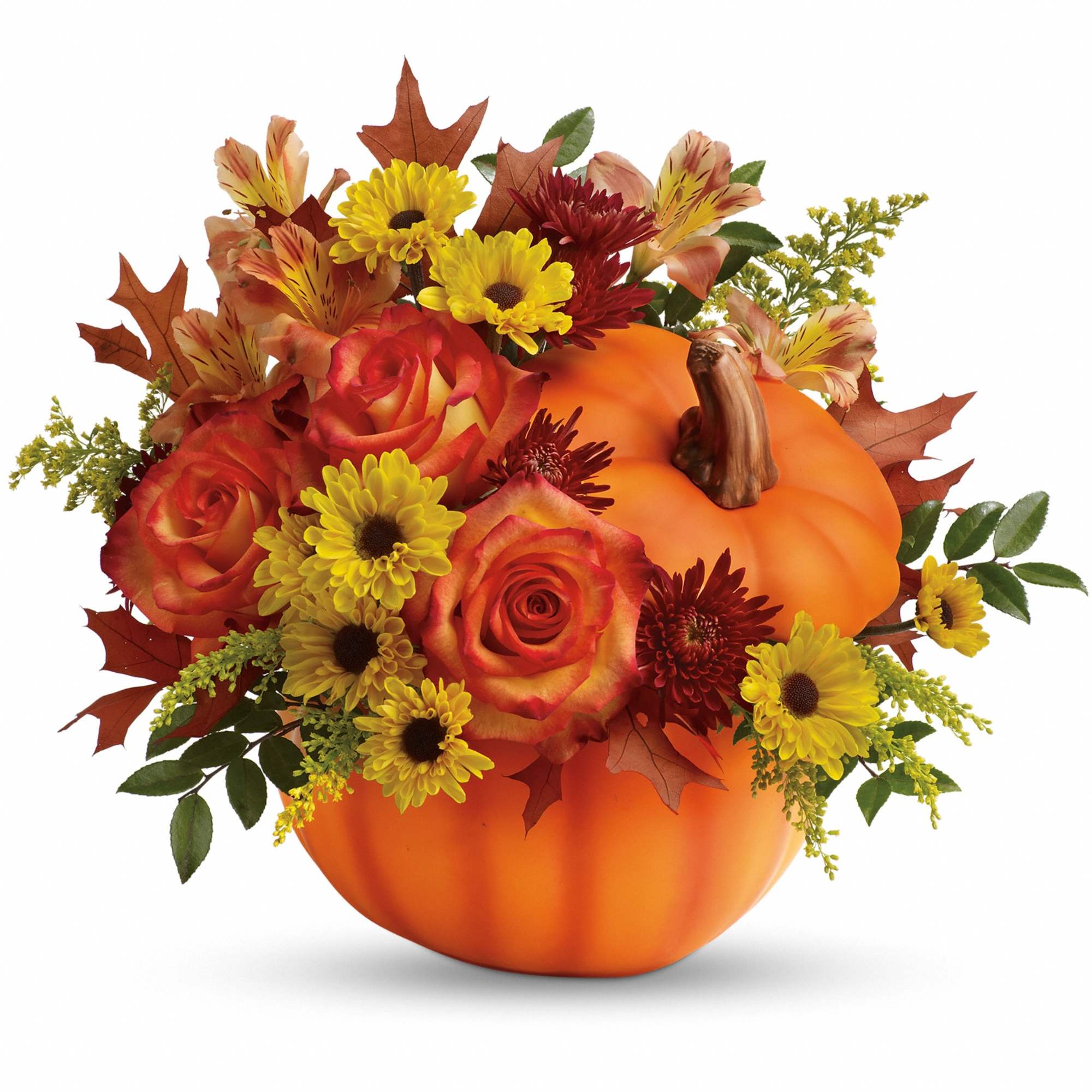 Pumpkin-shaped arrangement with roses and chrysanthemums