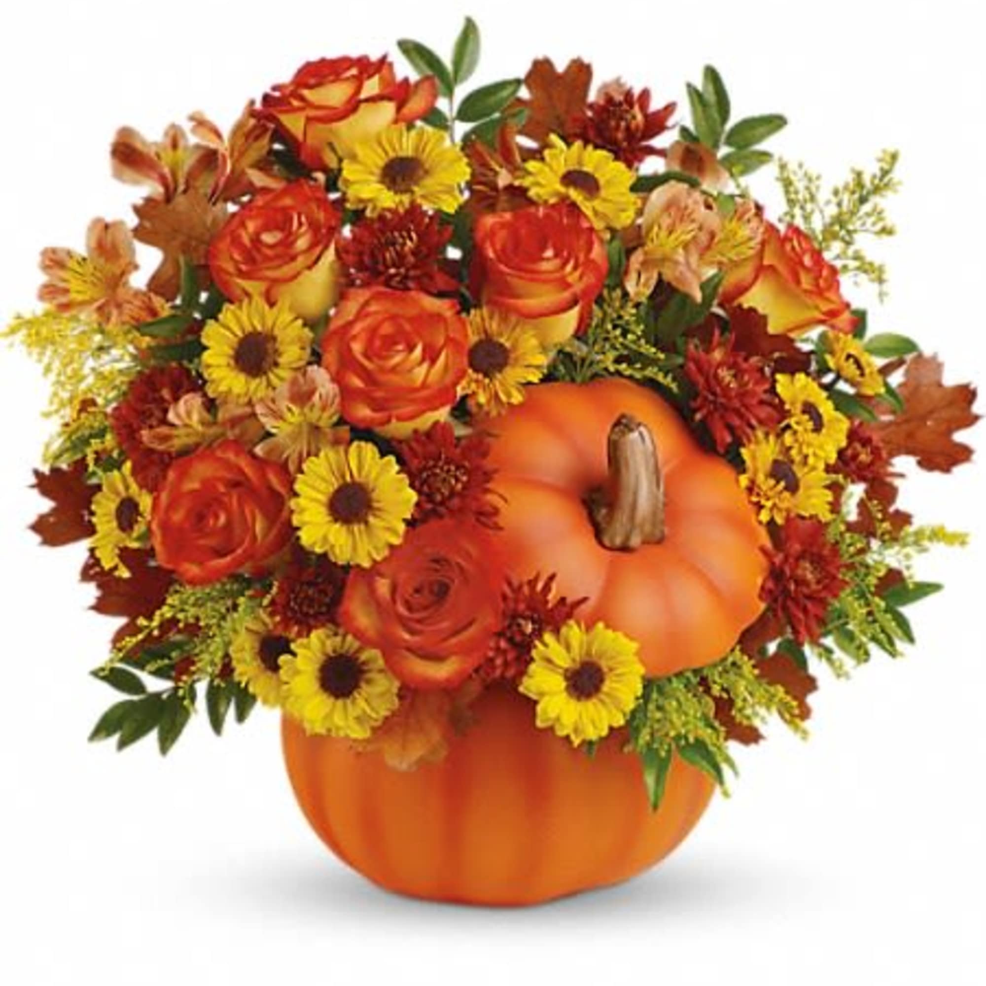 Pumpkin-shaped arrangement with orange roses and yellow daisies