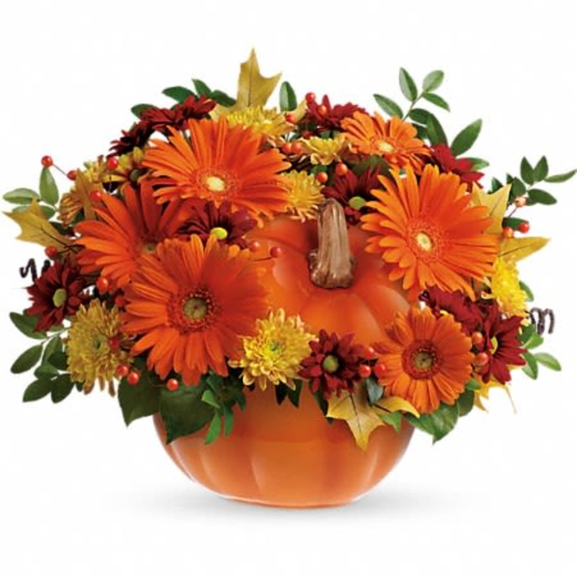 Orange pumpkin-shaped container with orange and red flowers