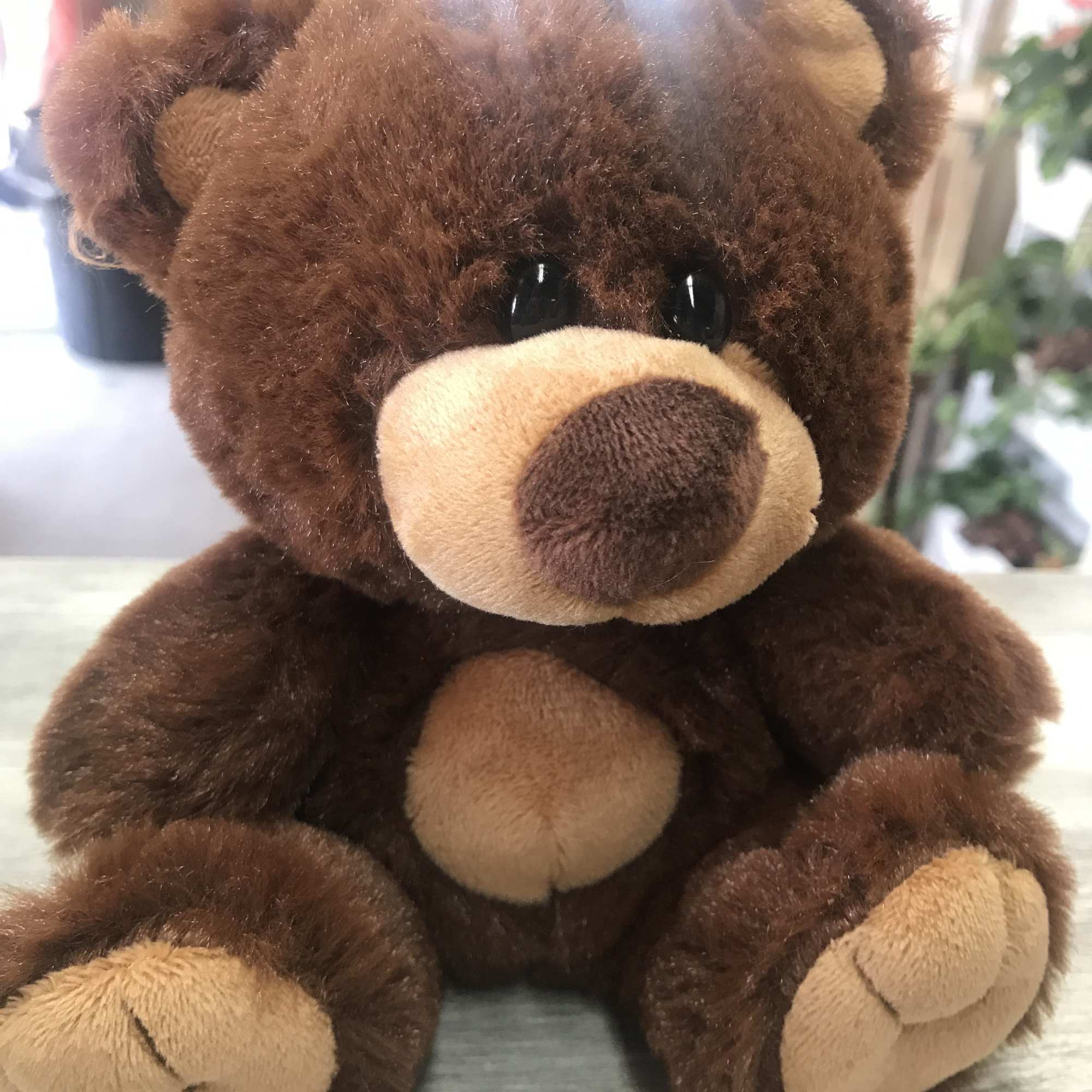 Brown teddy bear plush toy sitting on a table