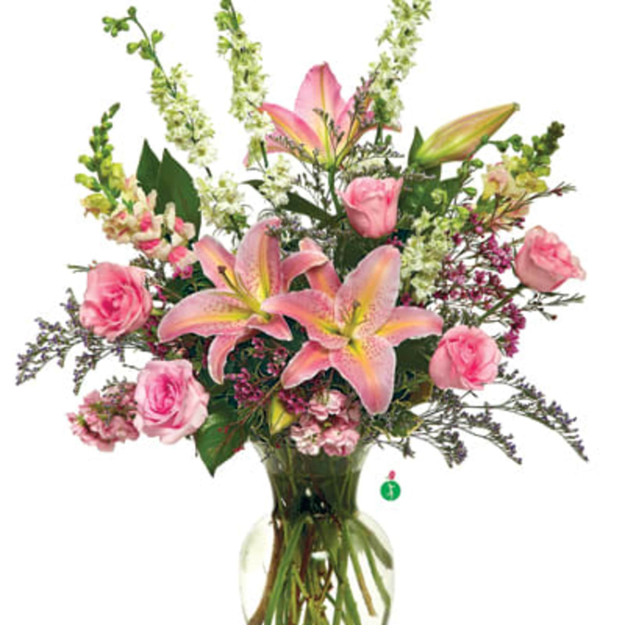 A fun, festive mix of pretty pink blossoms &ndash; including roses, lilies, photo 2 of 2