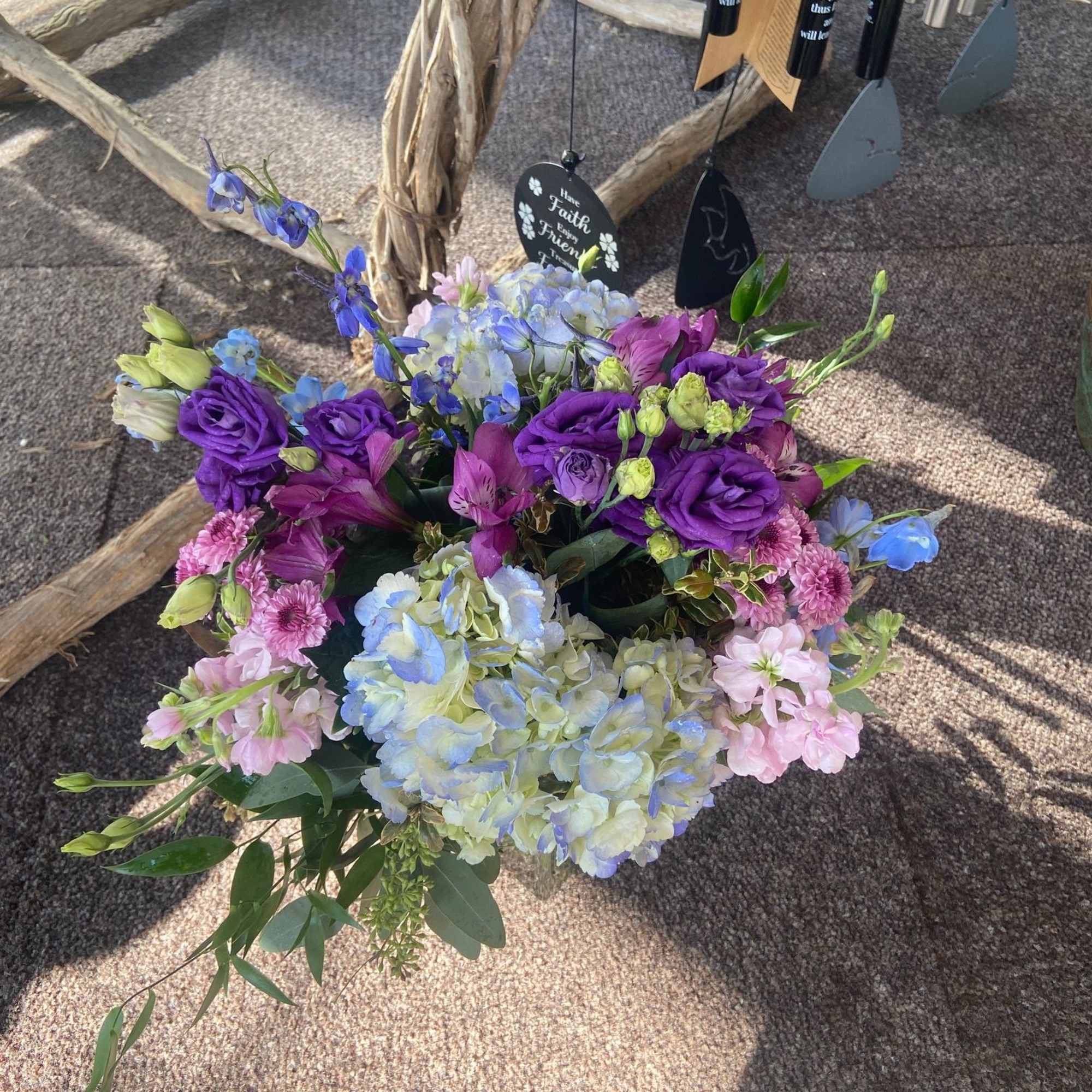 Square cube leaf lined and filled with blue hydrangea, lavender stock, blue, photo 5 of 5
