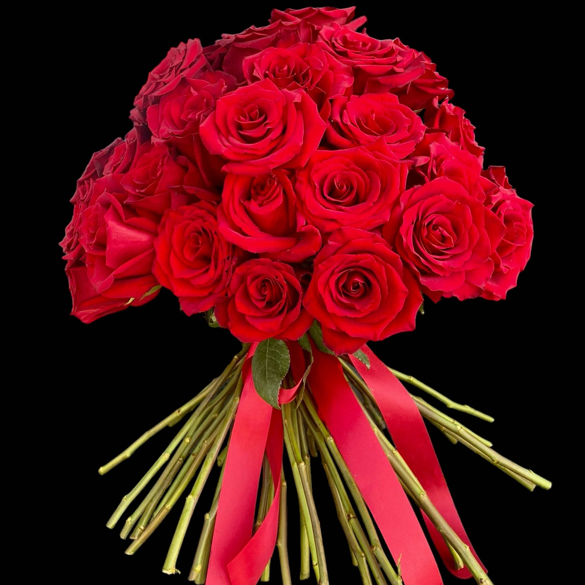 Bouquet of red roses tied with a red ribbon