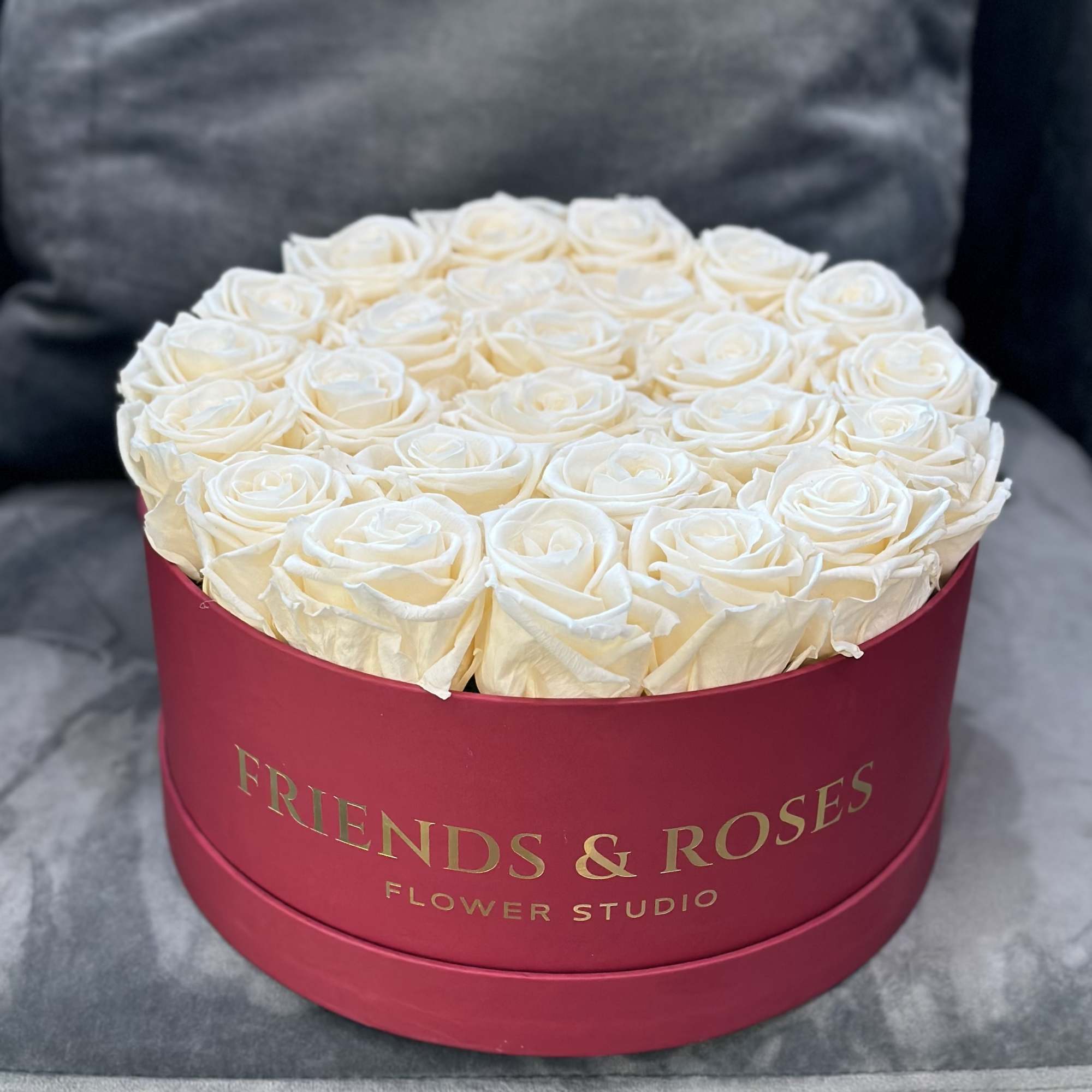 White roses arranged in a round pink box