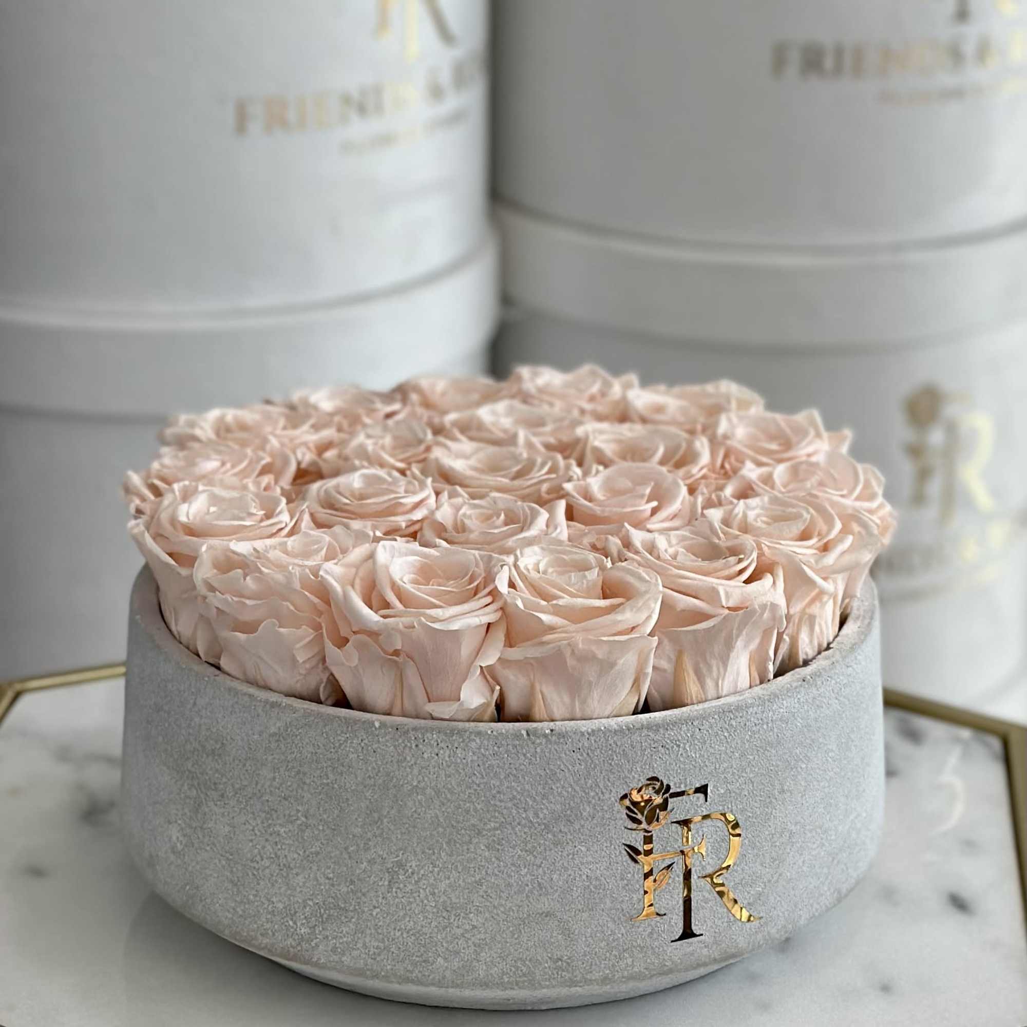 Round box of pale blush roses in a gray container