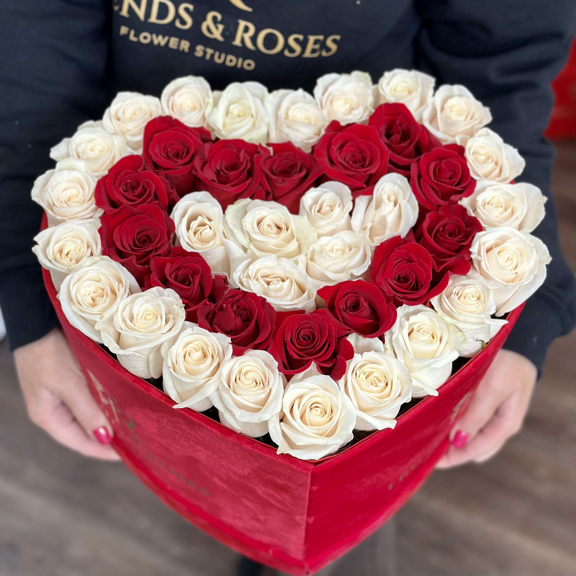 Heart-shaped box of red and white roses, photo 2 of 3