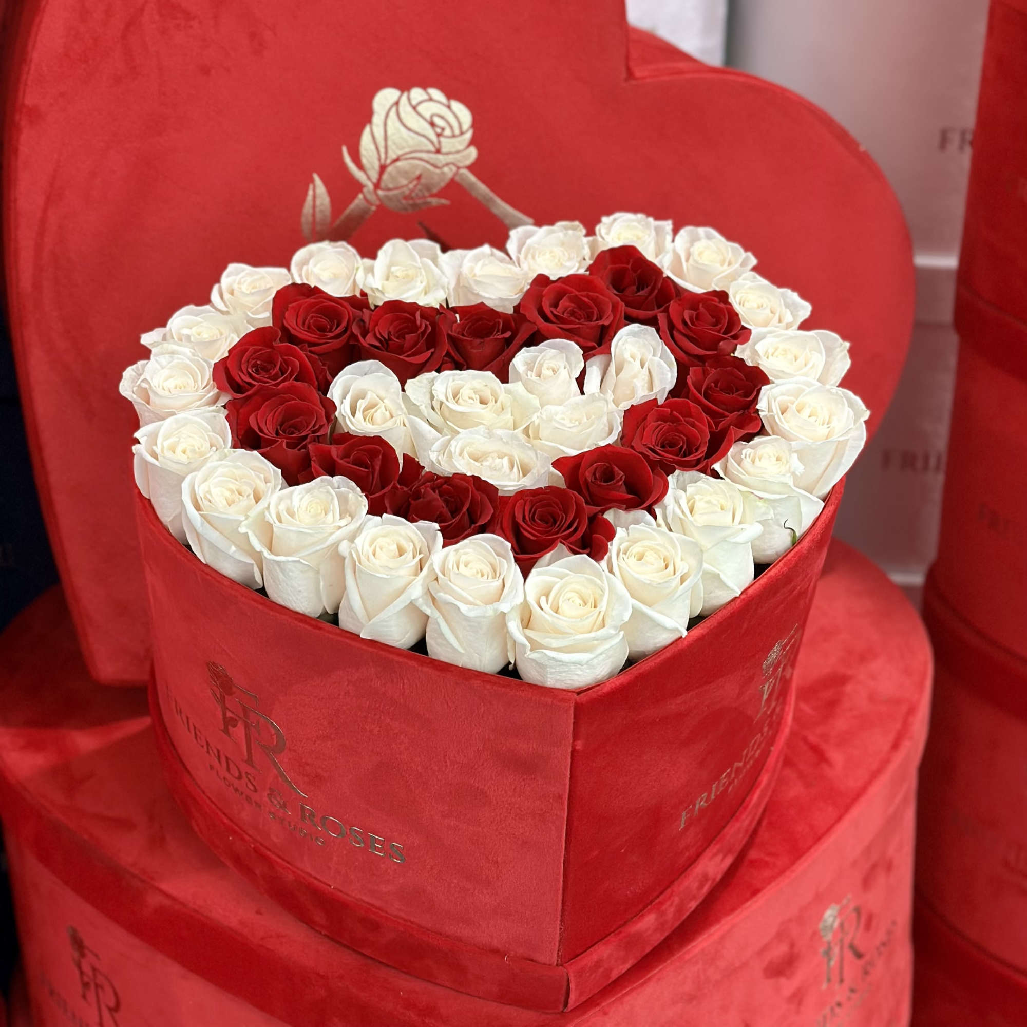 Heart-shaped box of red and white roses, photo 3 of 3