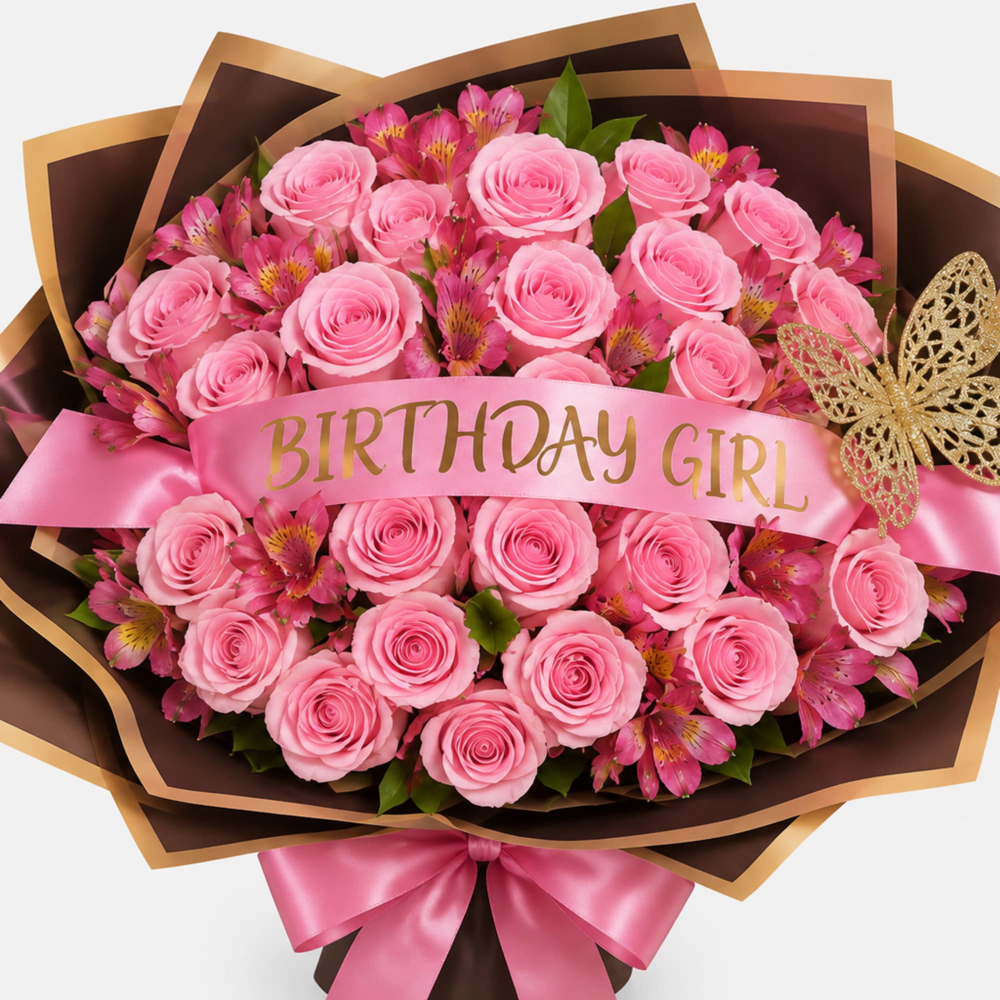 Pink rose bouquet with a birthday ribbon and gold butterfly decoration