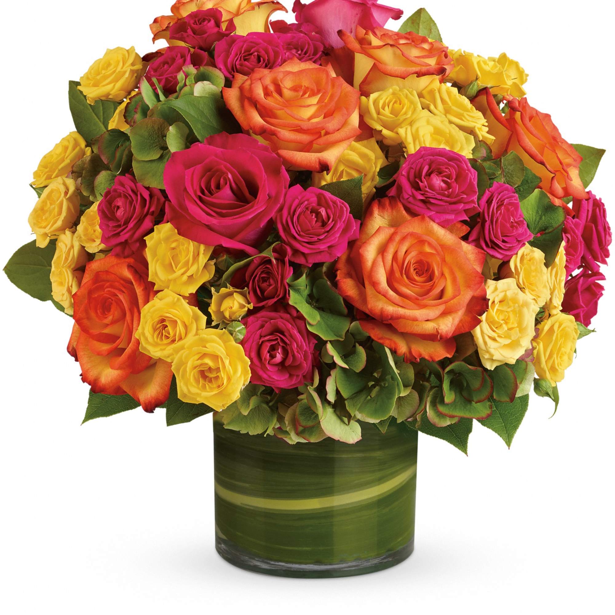 Bouquet of pink, orange, and yellow roses in a green glass vase
