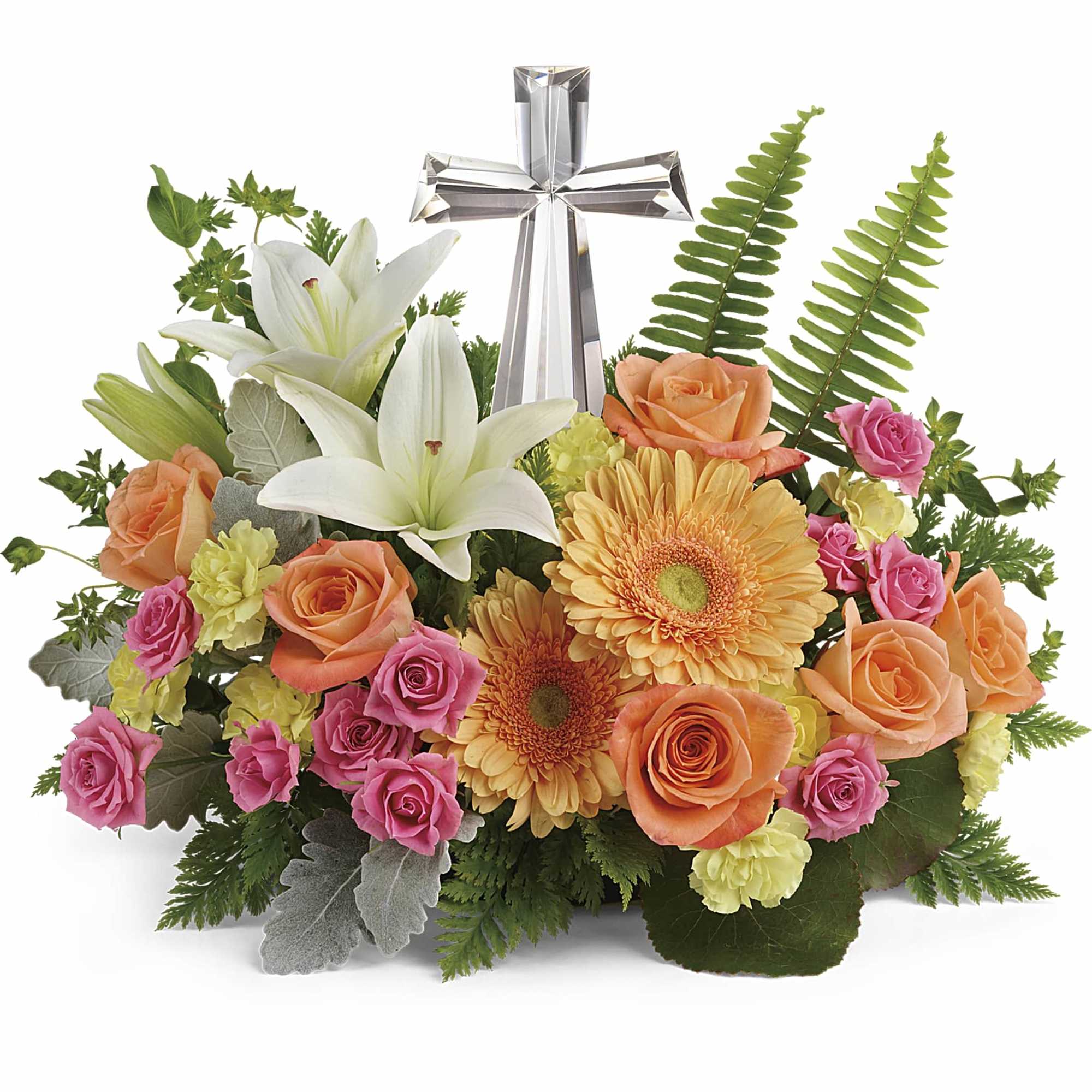 Mixed bouquet with lilies, roses, and gerbera daisies topped by a silver cross