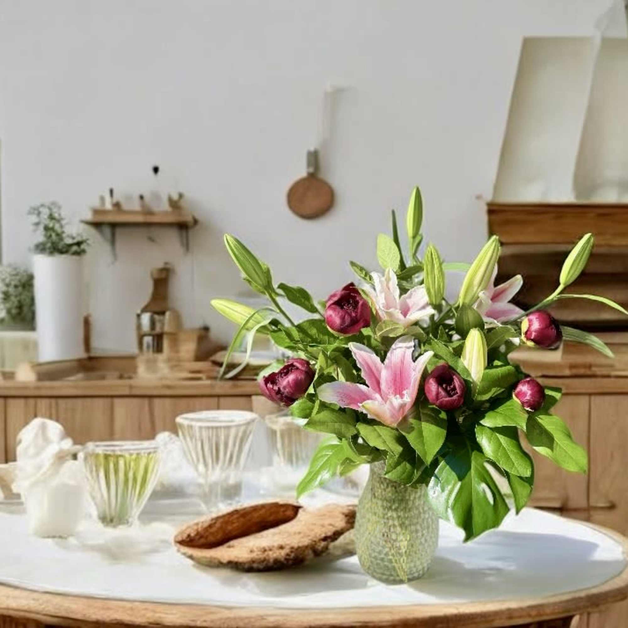 Pink lilies and dark pink buds in a glass vase