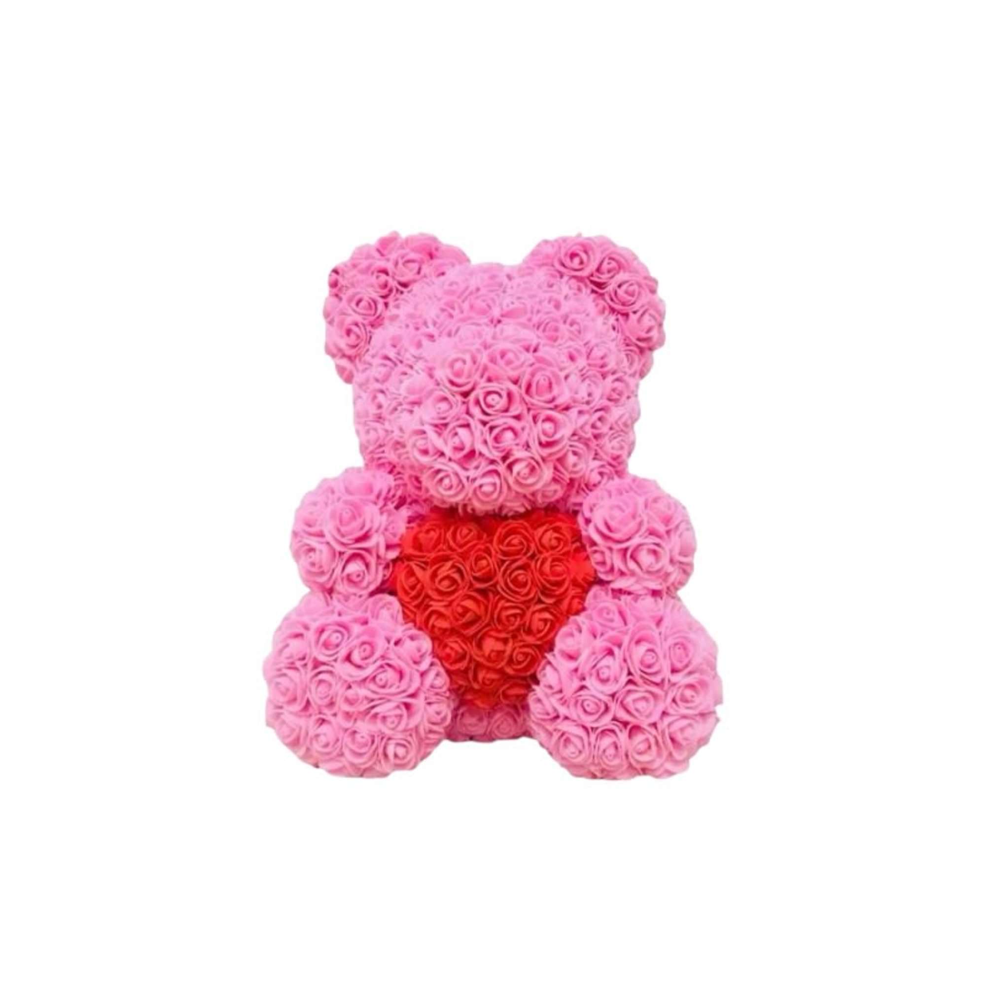 A stunning blue rose teddy bear holding a vibrant red heart, designed