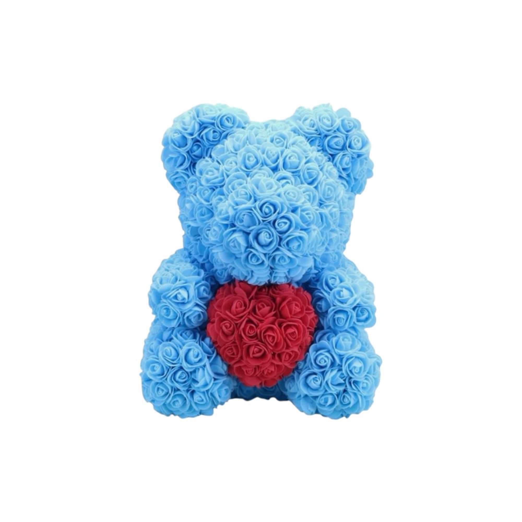A stunning blue rose teddy bear holding a vibrant red heart, designed