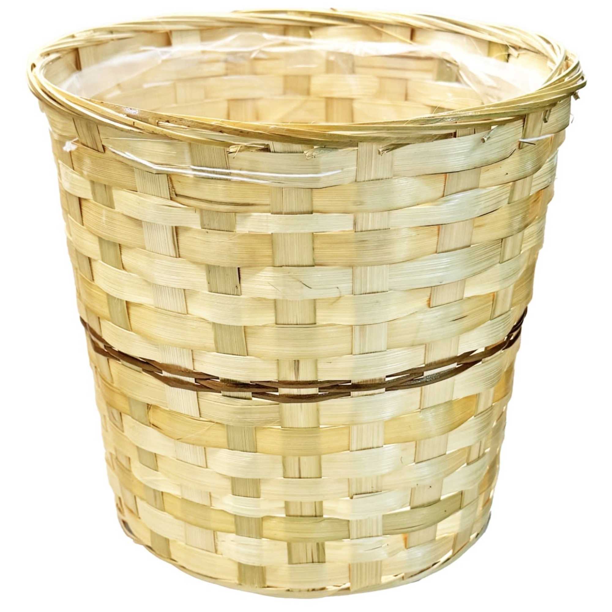 Empty woven natural basket with plastic liner, suitable as a planter or container.