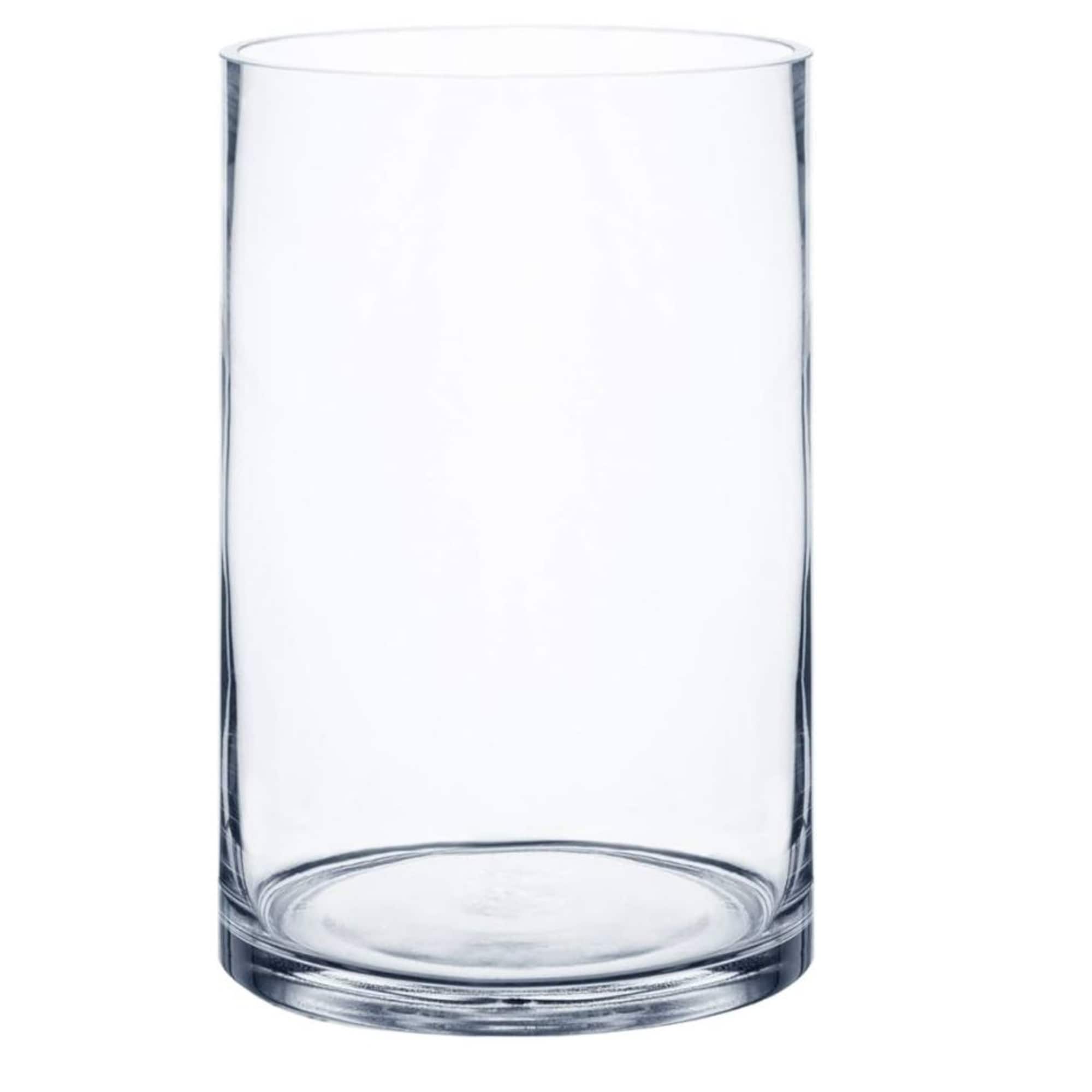 Clear cylindrical glass vase on a white background
