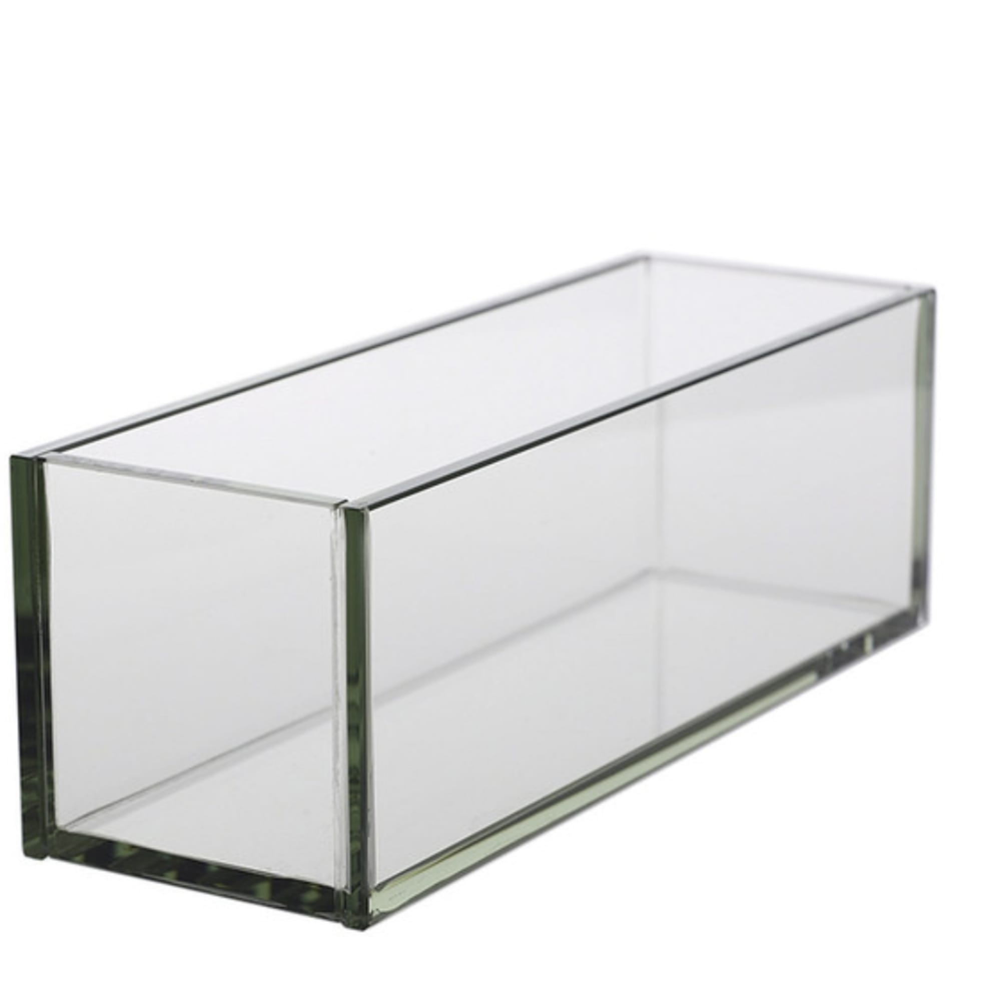 Clear rectangular glass vase with an open top