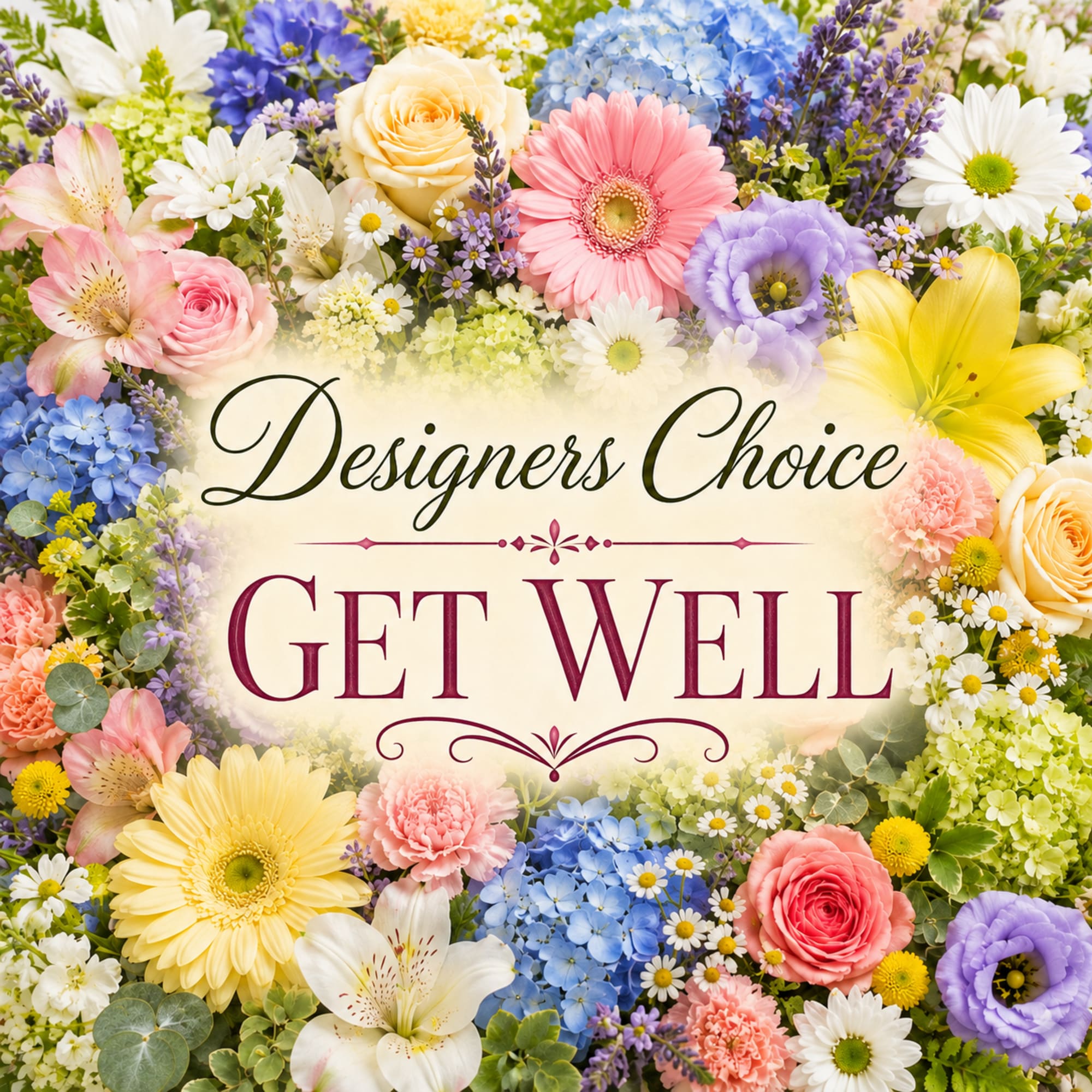Mixed pastel flowers framing a "Get Well" message
