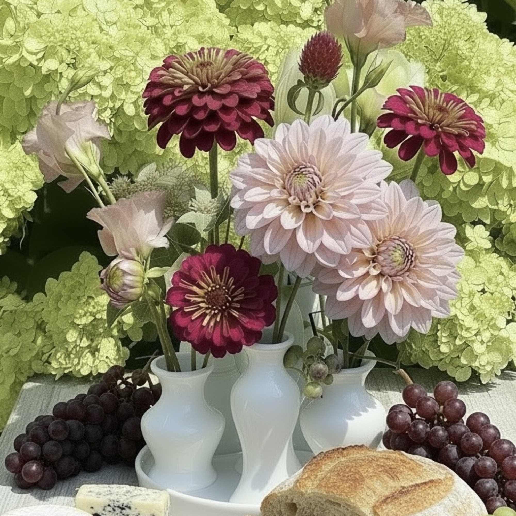 Bouquets of pink and white flowers in small white vases with fruit and bread